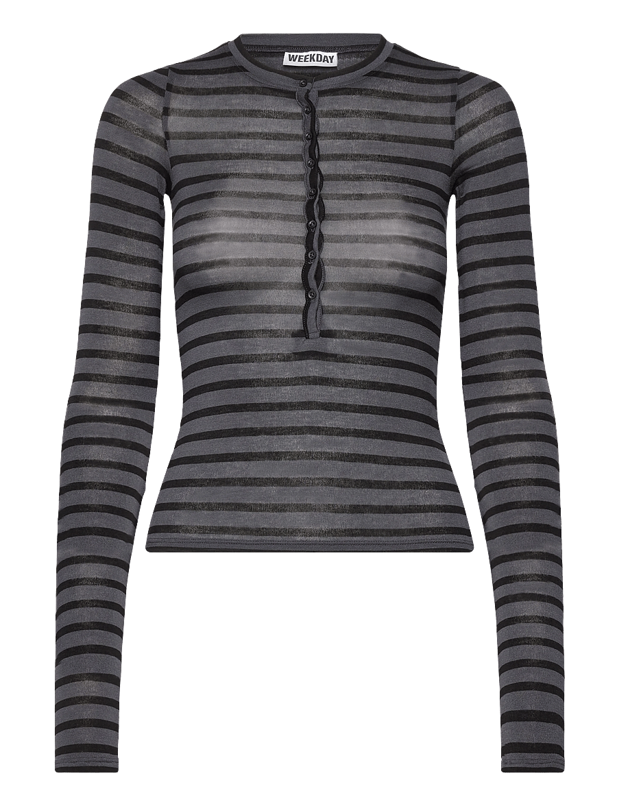 Weekday - Henny Henley LS Top - langærmede toppe - grey dark stripe - 0