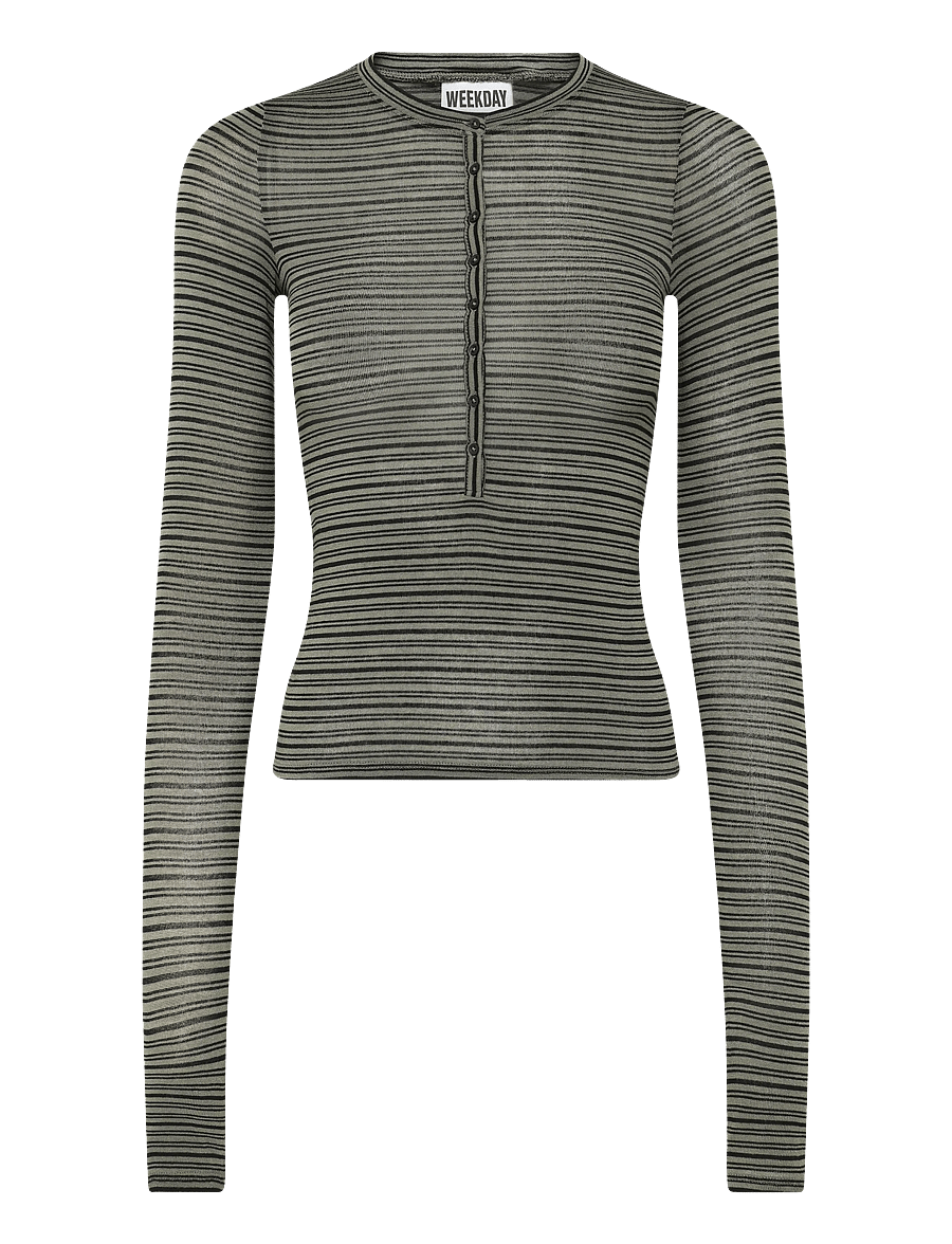 Weekday - Henny Henley LS Top - långärmade toppar - khaki green stripe - 0