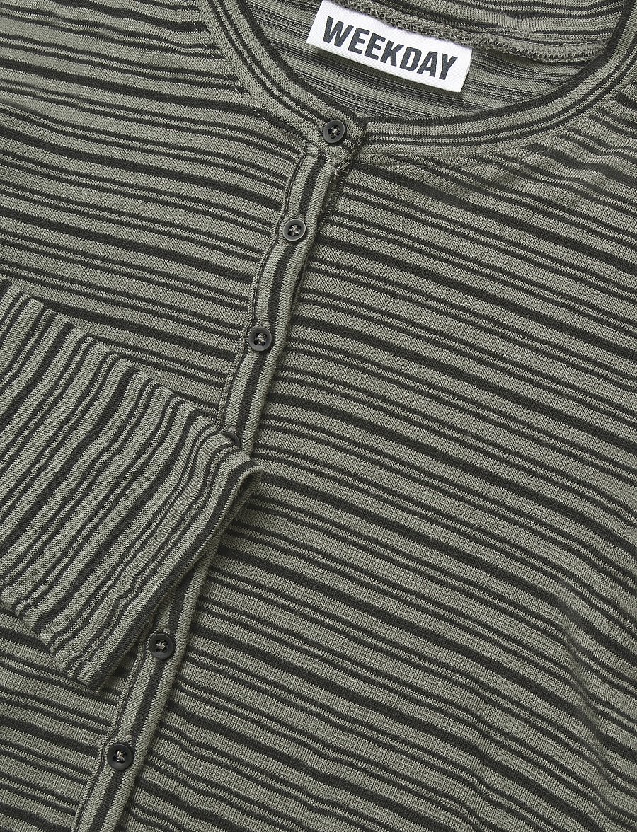 Weekday - Henny Henley LS Top - långärmade toppar - khaki green stripe - 2