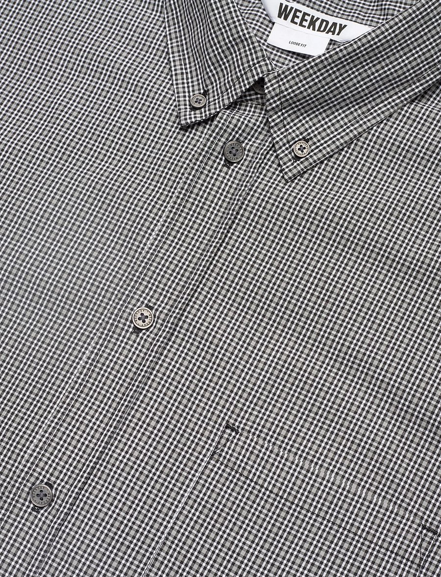 Weekday - Loose Button-Down Poplin Shirt - checkered shirts - black check - 3