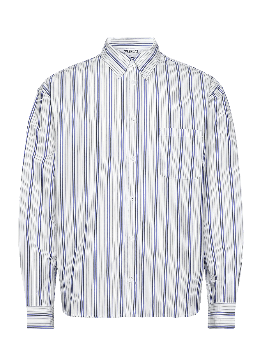 Weekday - Loose Button-Down Poplin Shirt - ternede skjorter - white/blue stripe - 0