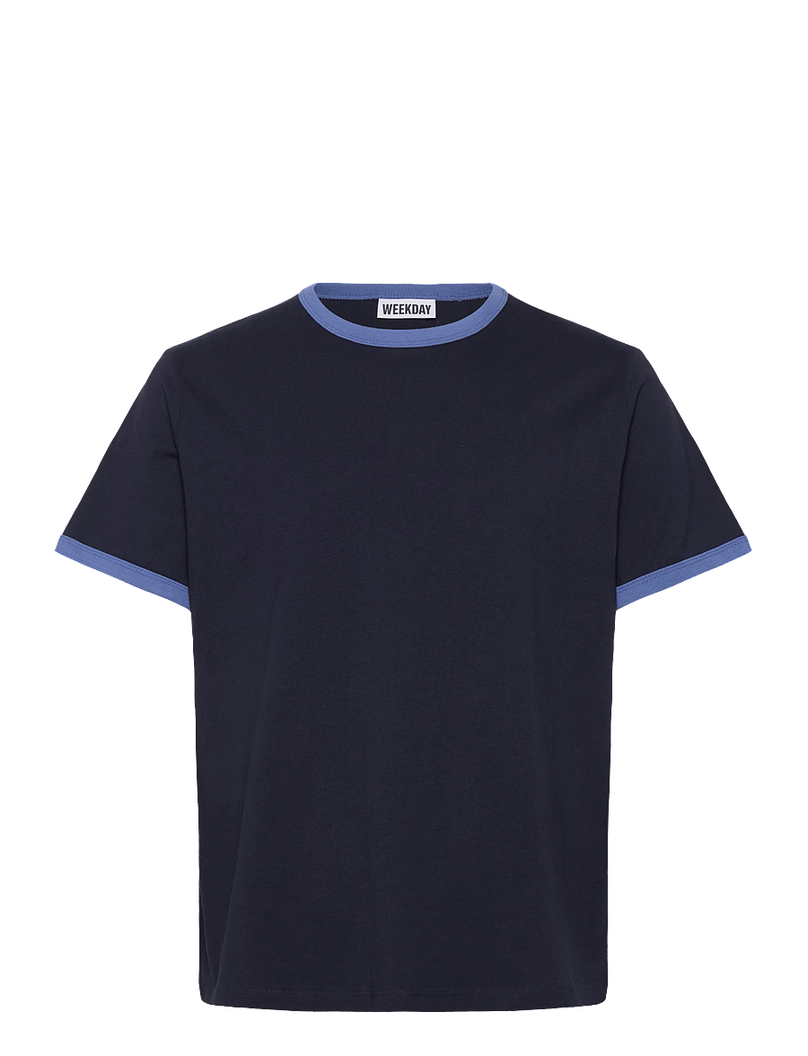 Weekday - Short-Sleeved Contrast Trim Cotton T-shirt - kurzärmelige t-shirts - navy - 0