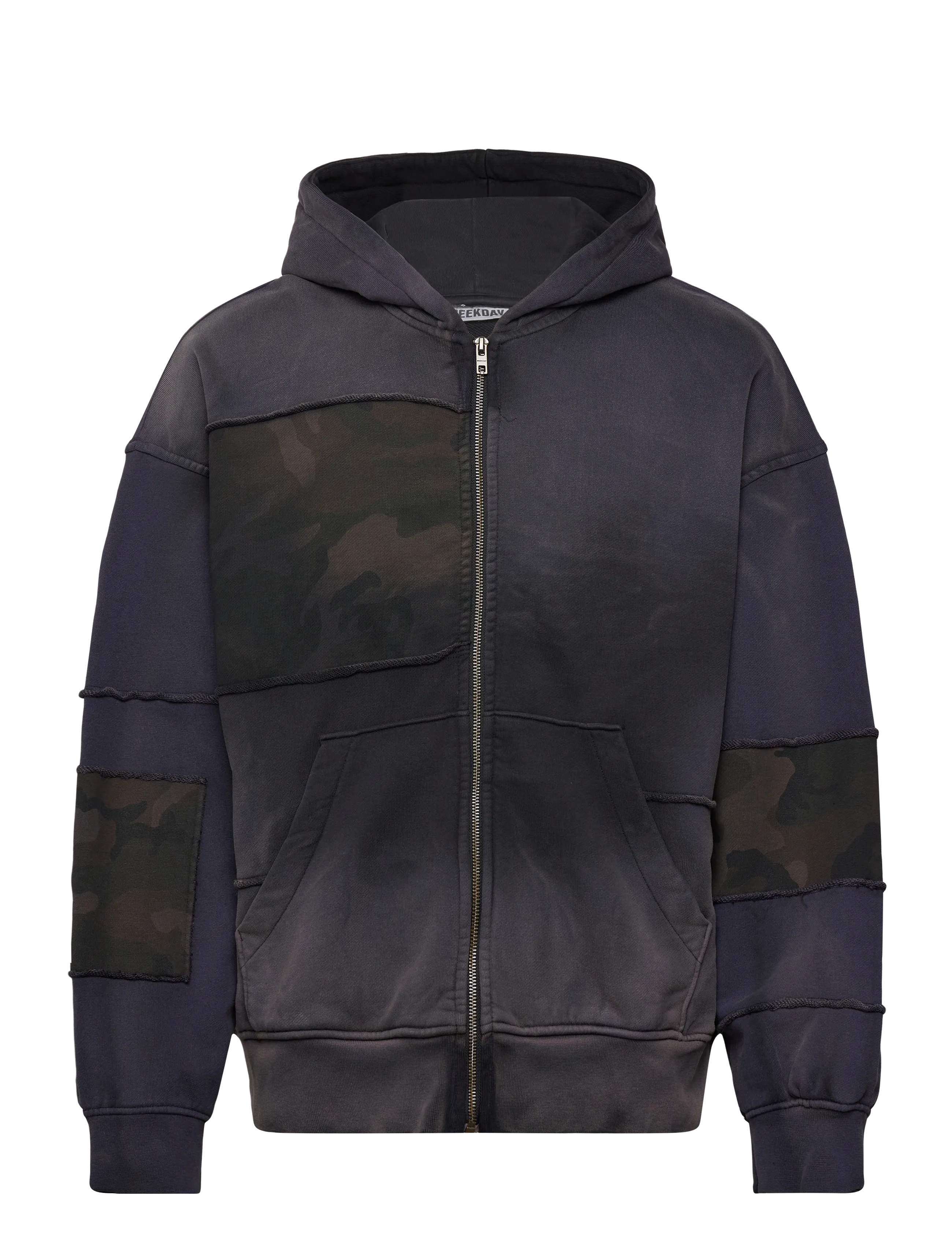 Weekday Washed Patchwork Zip Hoodie, Mænd, Vasket Patchwork Lynlåshoodie, Navy, Str: L