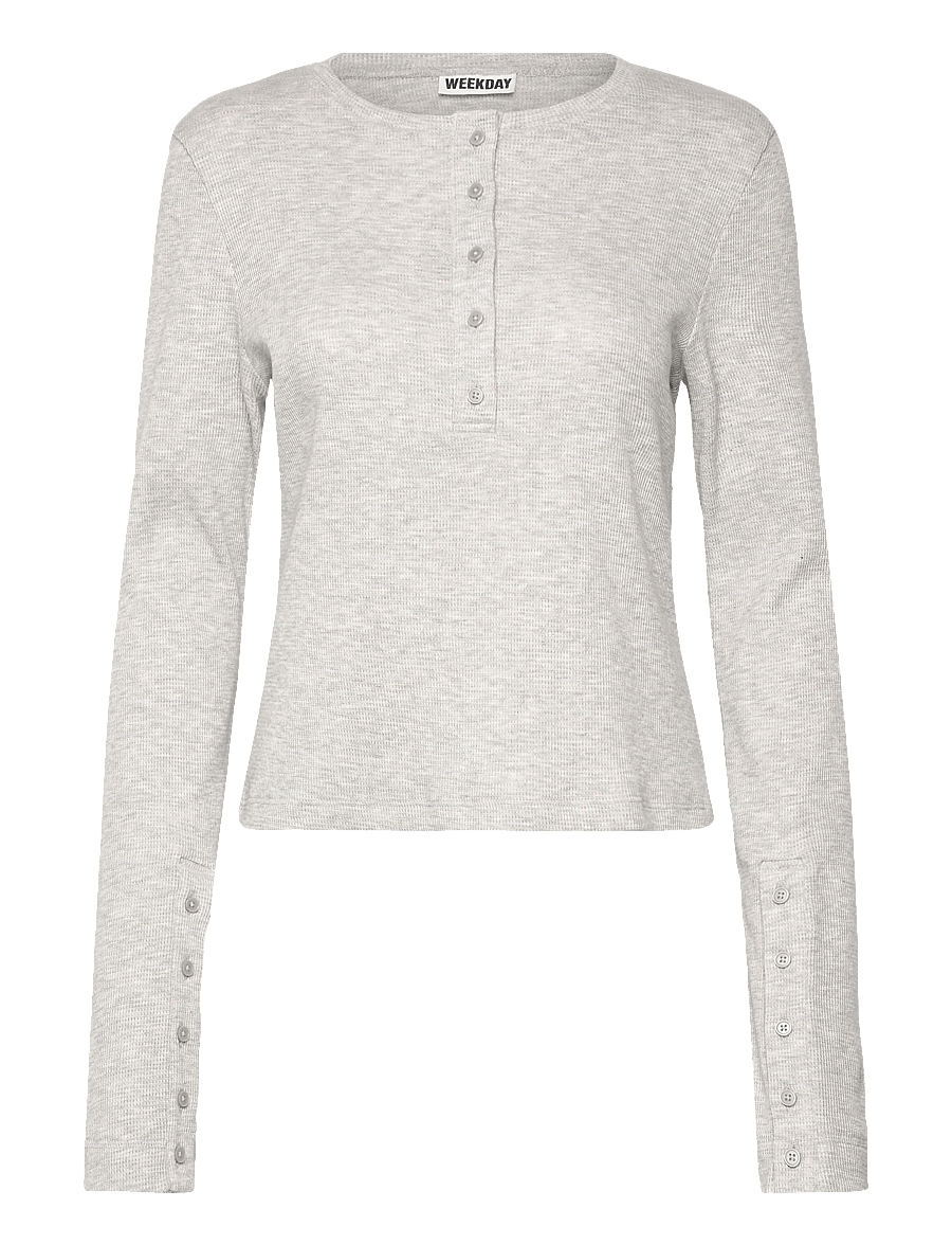 Weekday - Waffled Henley Long Sleeve Top - långärmade toppar - grey melange - 0