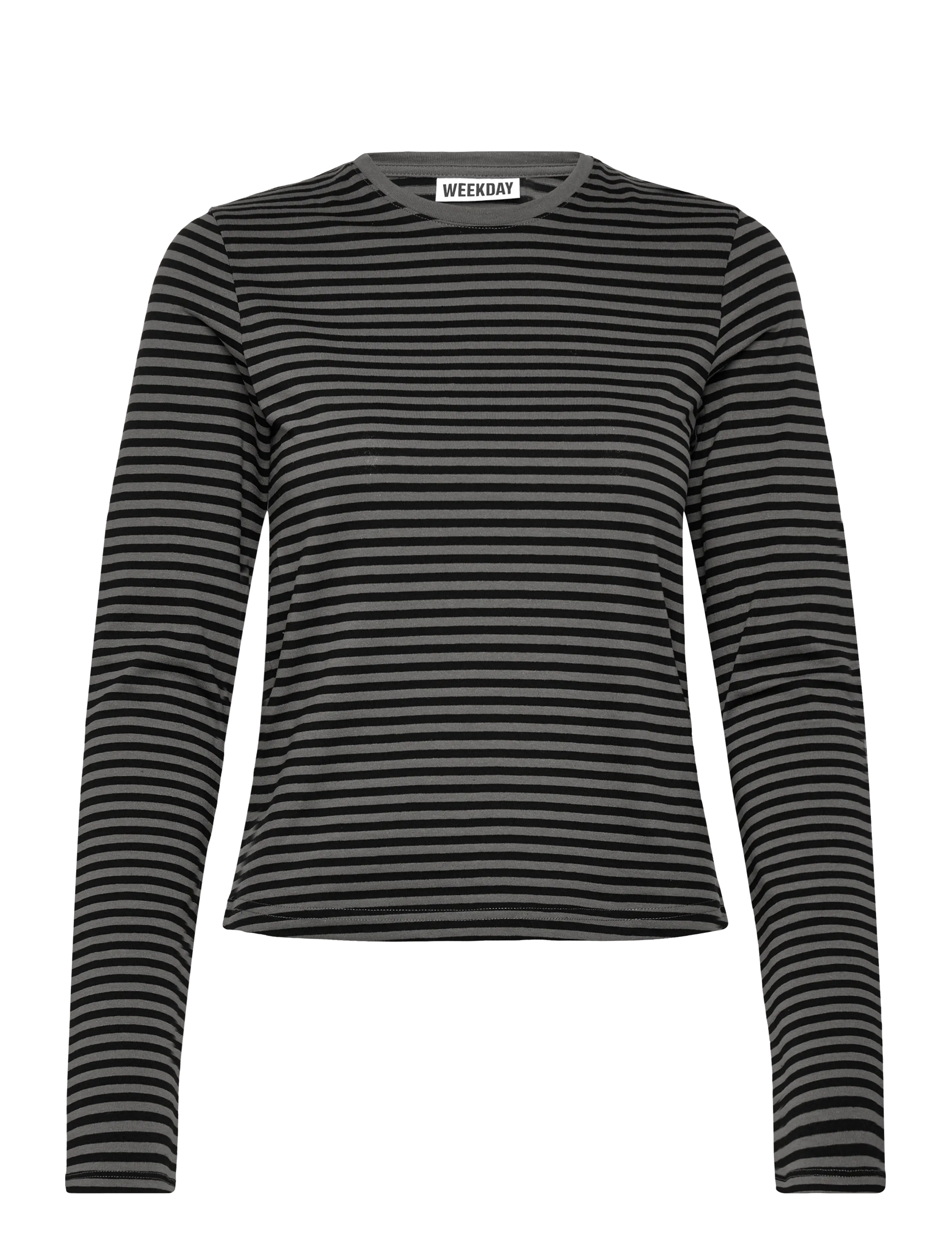 Weekday Slim Long-Sleeved Cotton Top - Transitional Layering - GREY/BLACK STRIPE / grey