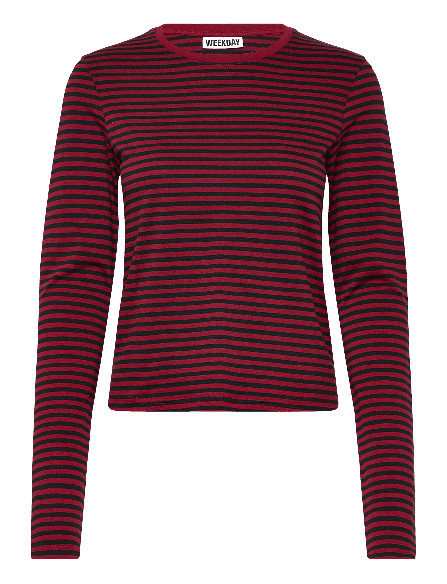 Weekday - Slim Long-Sleeved Cotton Top - langärmlige tops - red + black stripe - 0