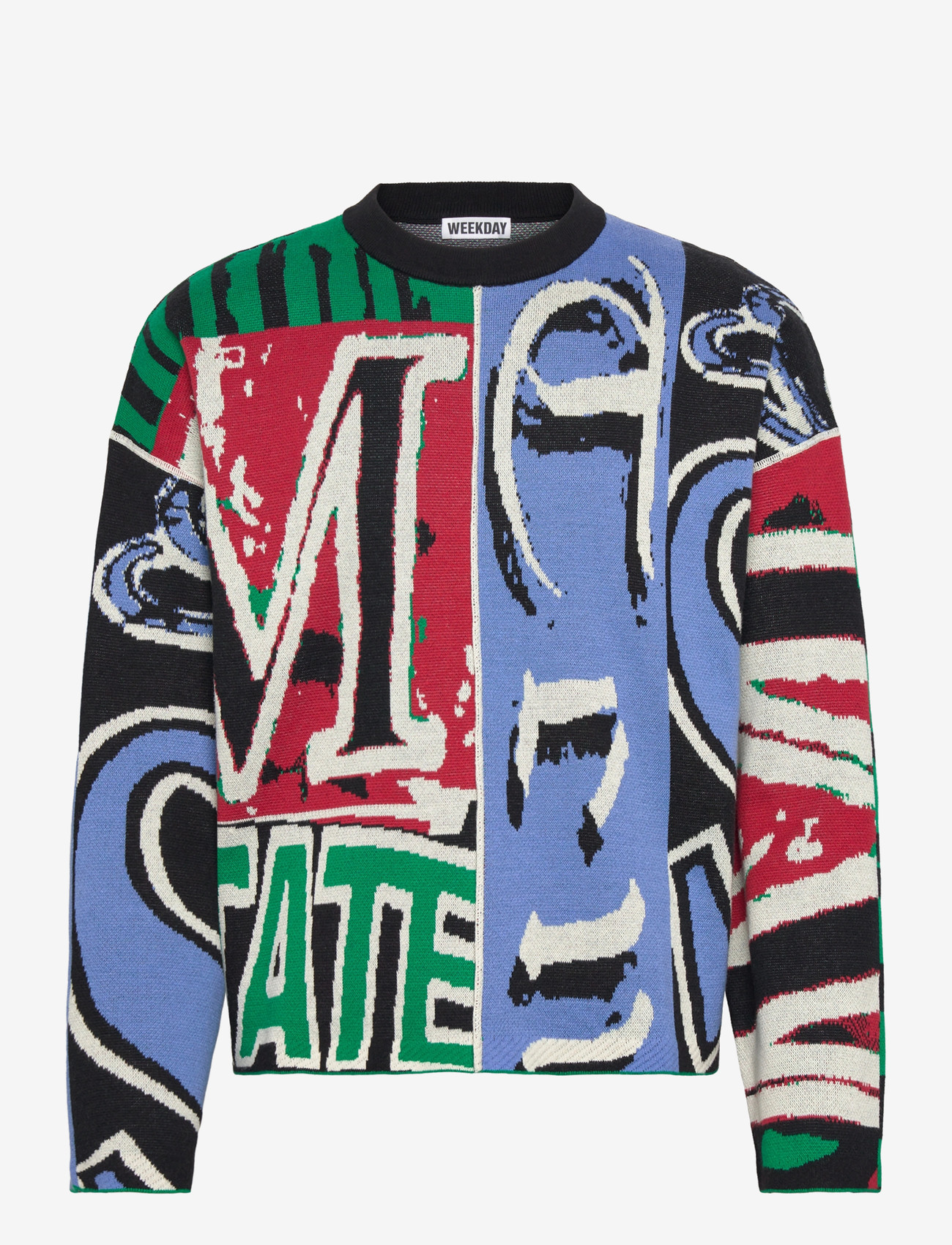 Weekday - Loose Graphic Knitted Cotton Sweater - round necks - black - 0
