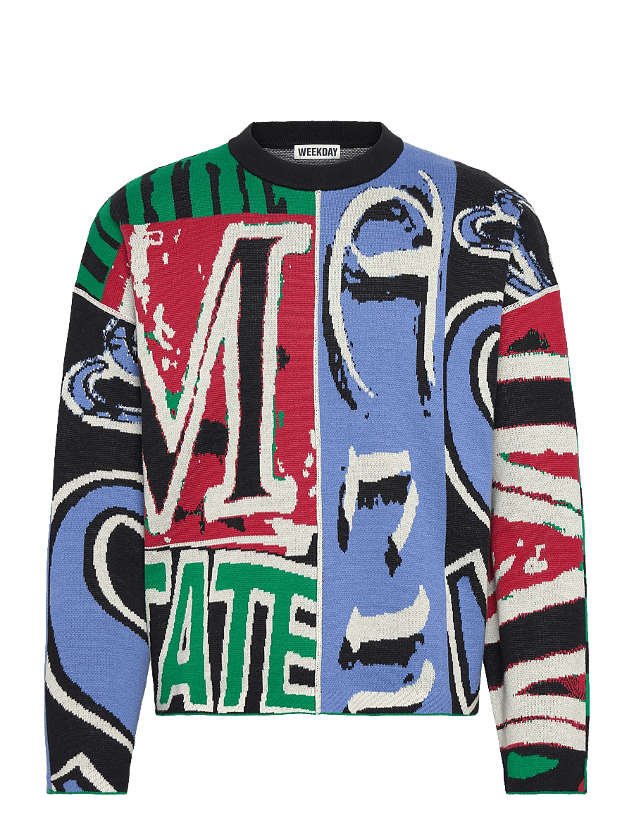 Weekday - Loose Graphic Knitted Cotton Sweater - kringlótt hálsmál - black - 0