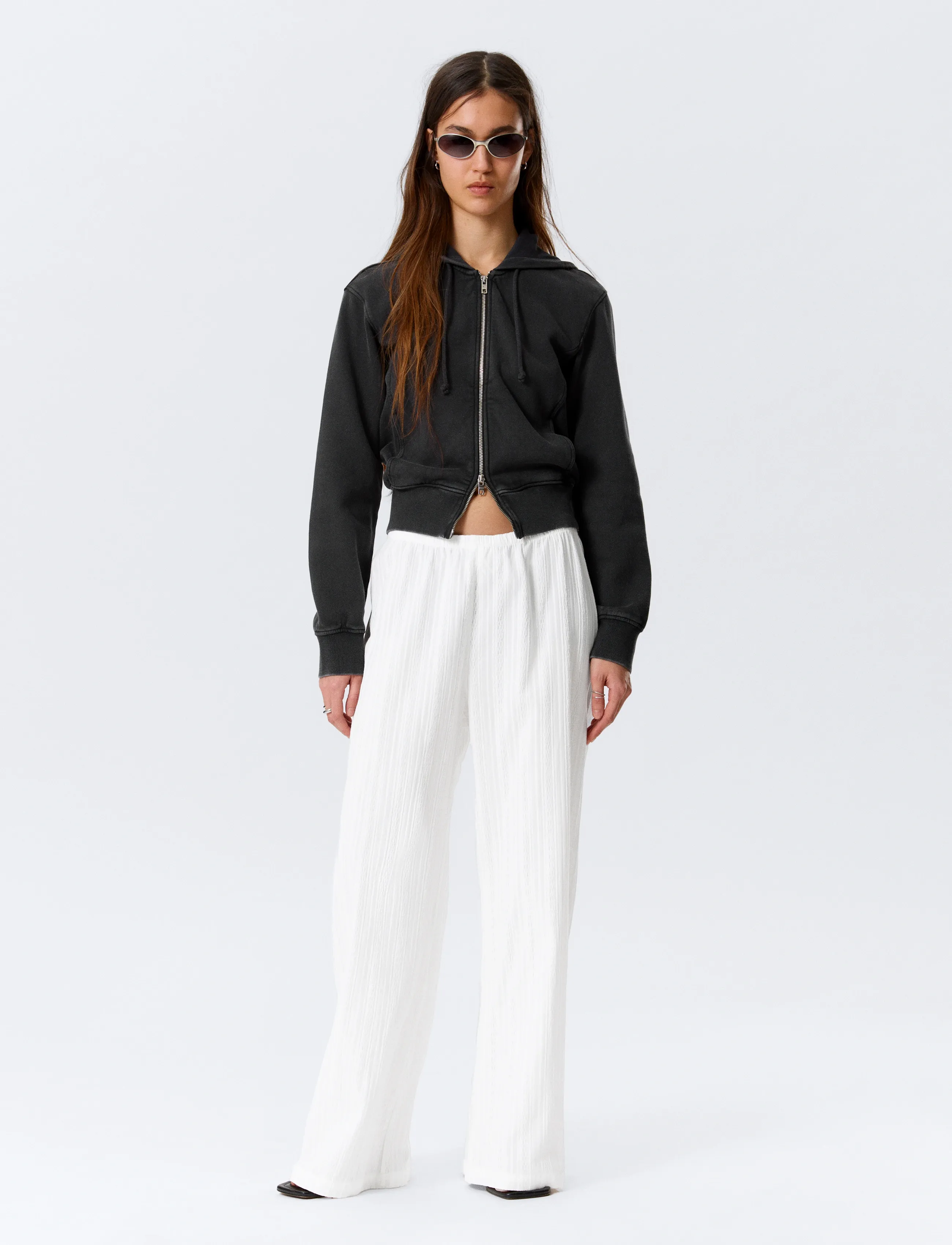Weekday Pull On Cotton Trousers, S, Creme - Wide Leg, Frauen