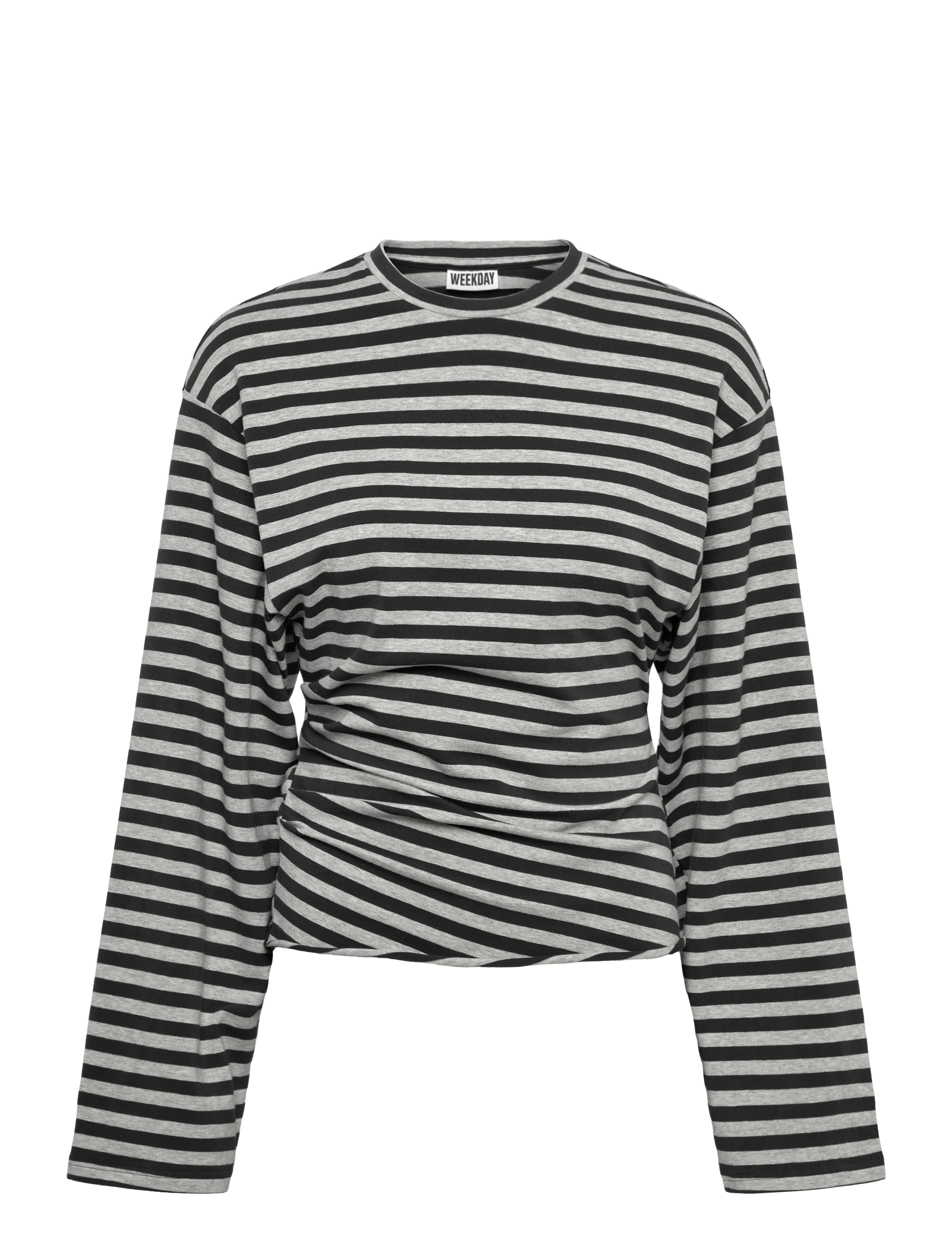 Weekday Ruched Long-Sleeved T-shirt - Clothing - GREY MELANGE STRIPE / multi