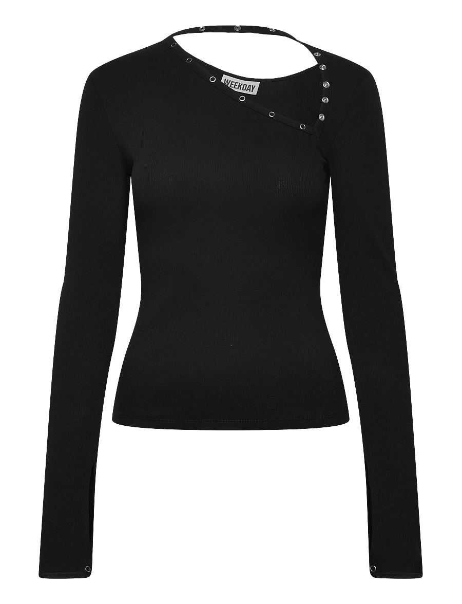 Weekday - Asymmetric Button Long Sleeve - langærmede toppe - black - 0