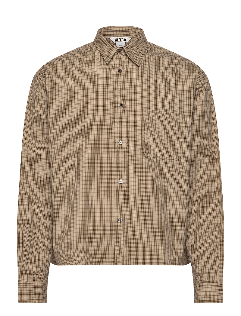 Weekday - Long Sleeve Loose Poplin Shirt - rutiga skjortor - beige check - 0