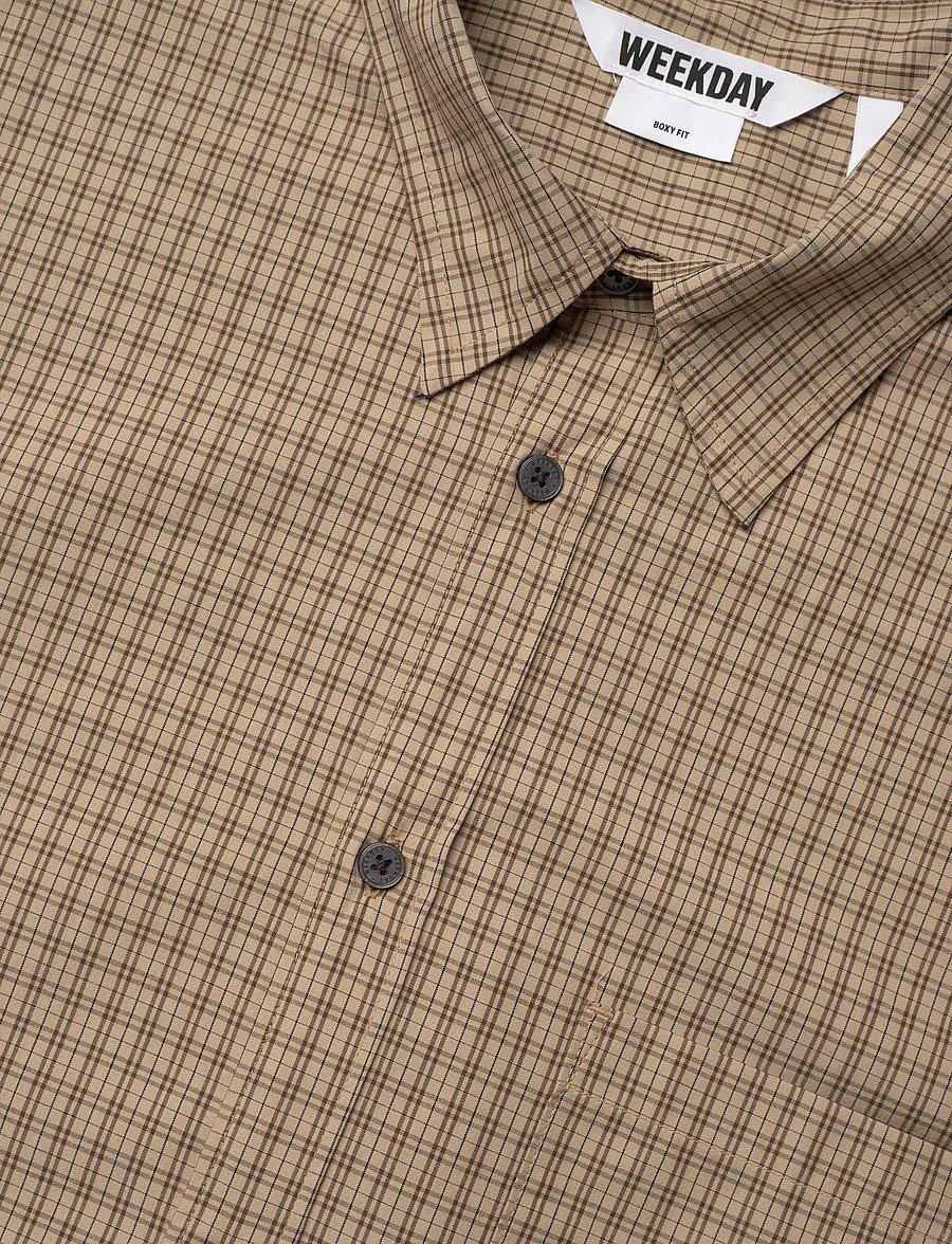 Weekday - Relaxed Boxy Poplin Shirt - checkered shirts - beige check - 3