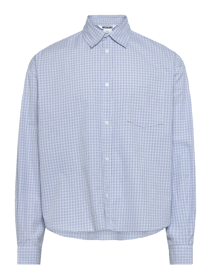 Weekday - Boxy Long-Sleeved Cotton Poplin Shirt - ternede skjorter - blue check - 0