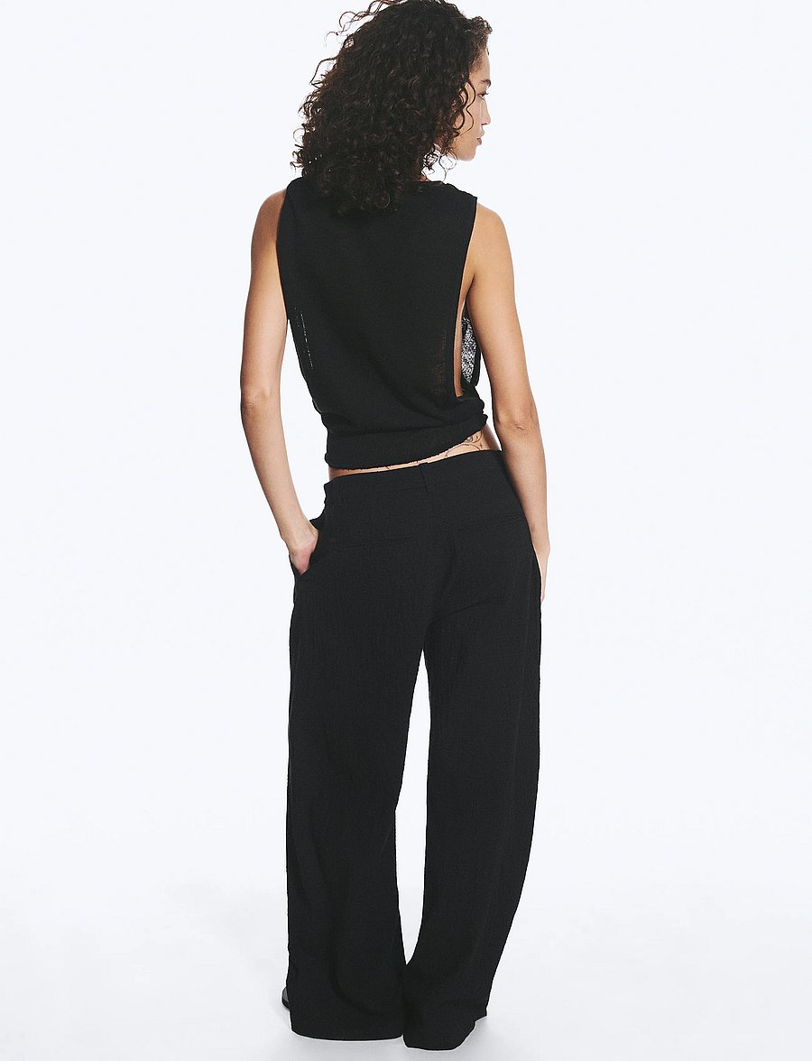 Weekday - Crinkled Cotton Trousers - wide leg trousers - black - 4