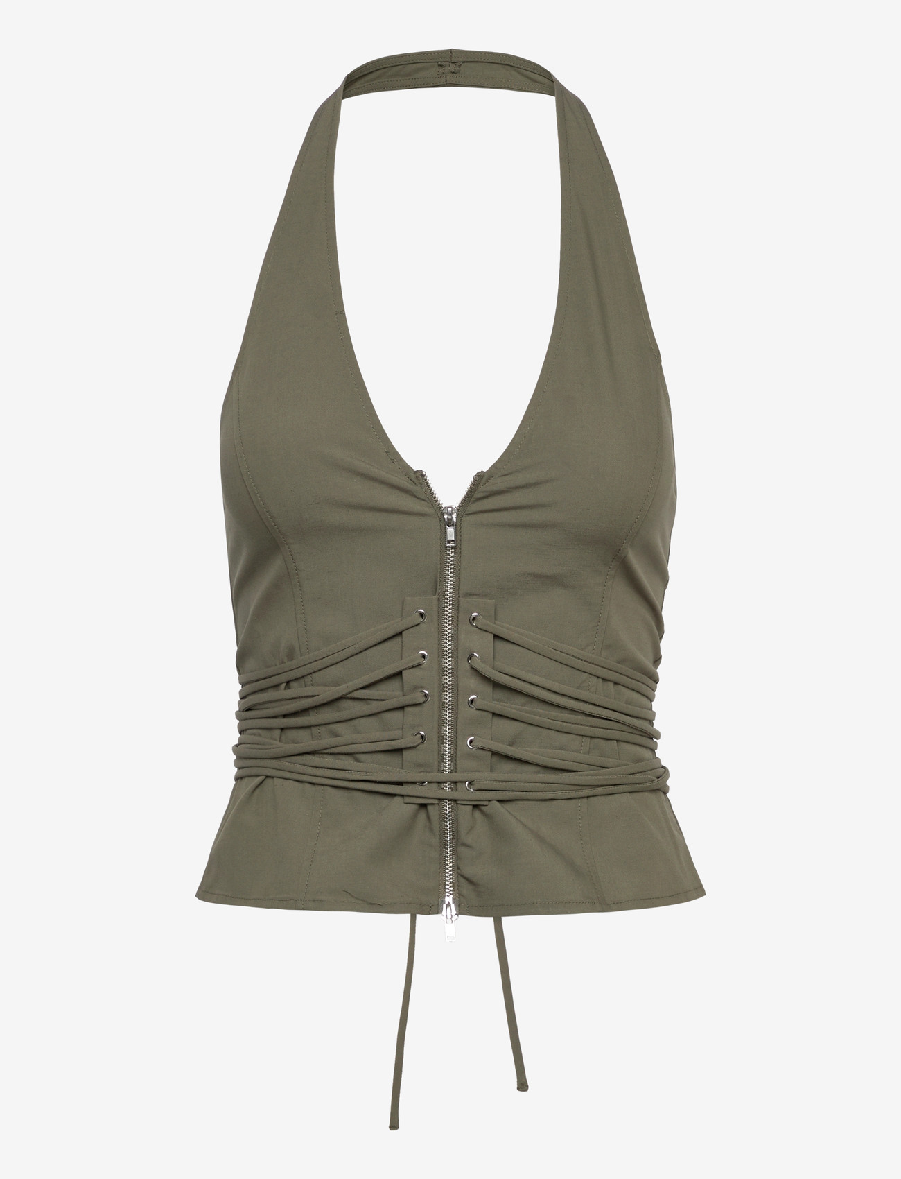 Weekday - Tie Waist V-neck Zip Halter Top - tanktops - khaki green - 0