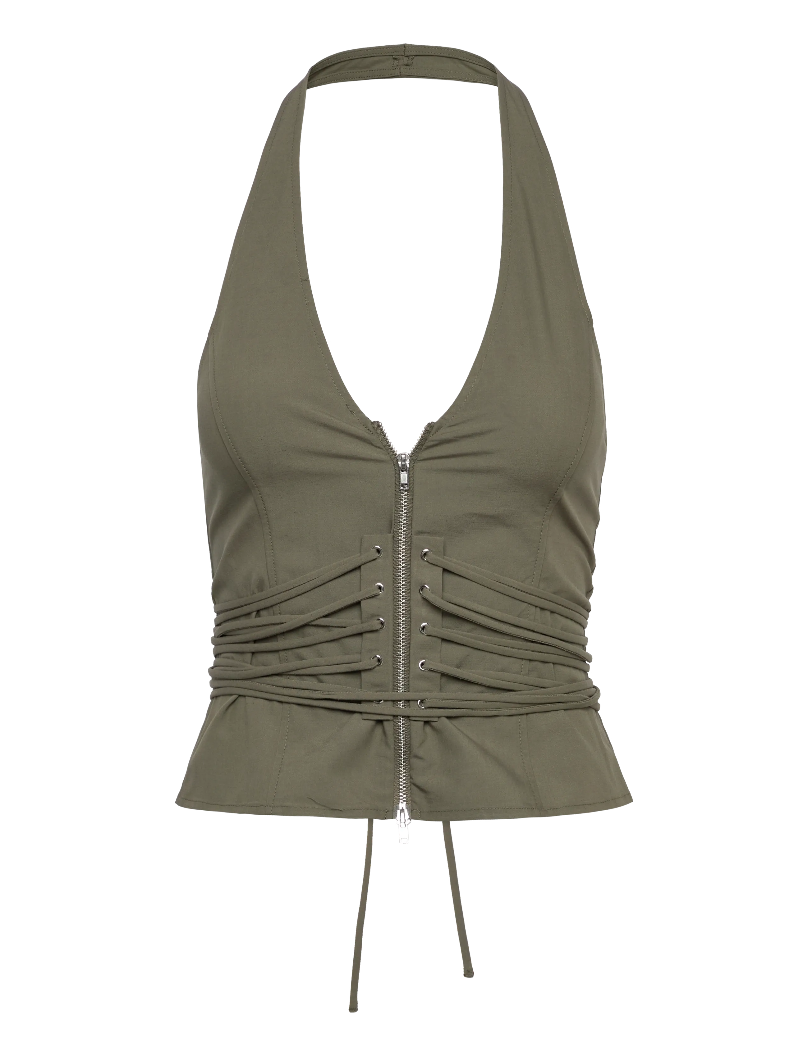 Weekday Tie Waist V-neck Zip Halter Top - Skatīt visu - KHAKI GREEN / khaki/green