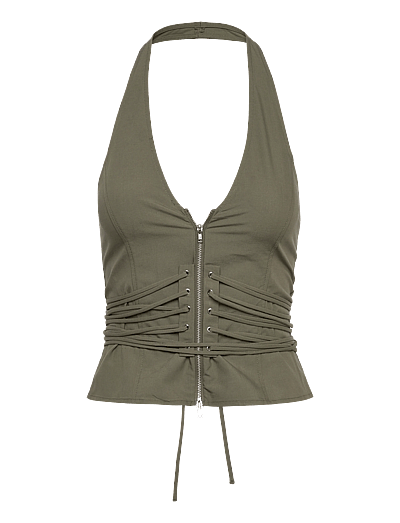 Weekday Tie Waist V-neck Zip Halter Top - Varrukateta topid - KHAKI GREEN / khaki/green