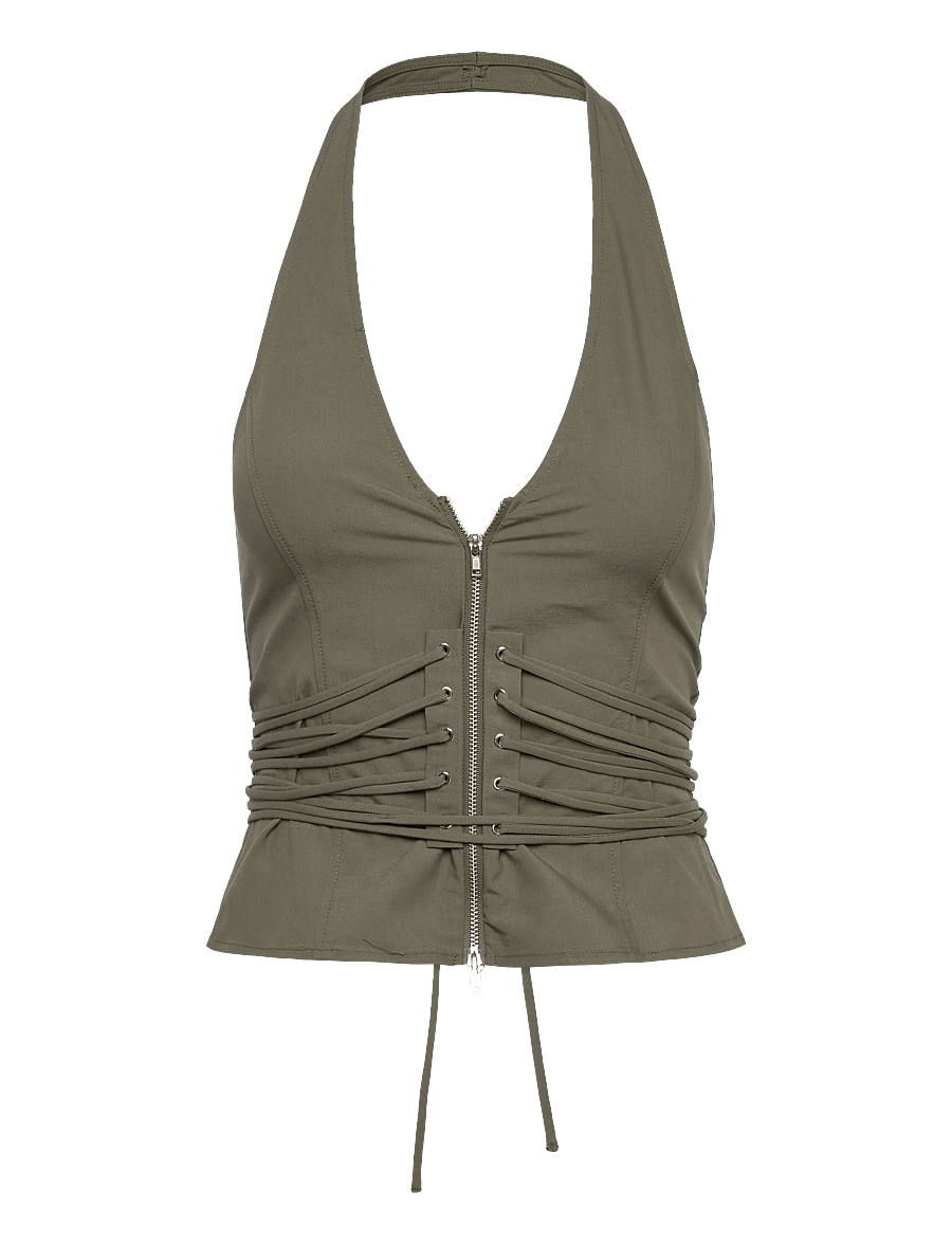 Weekday - Tie Waist V-neck Zip Halter Top - Ärmellose tops - khaki green - 0