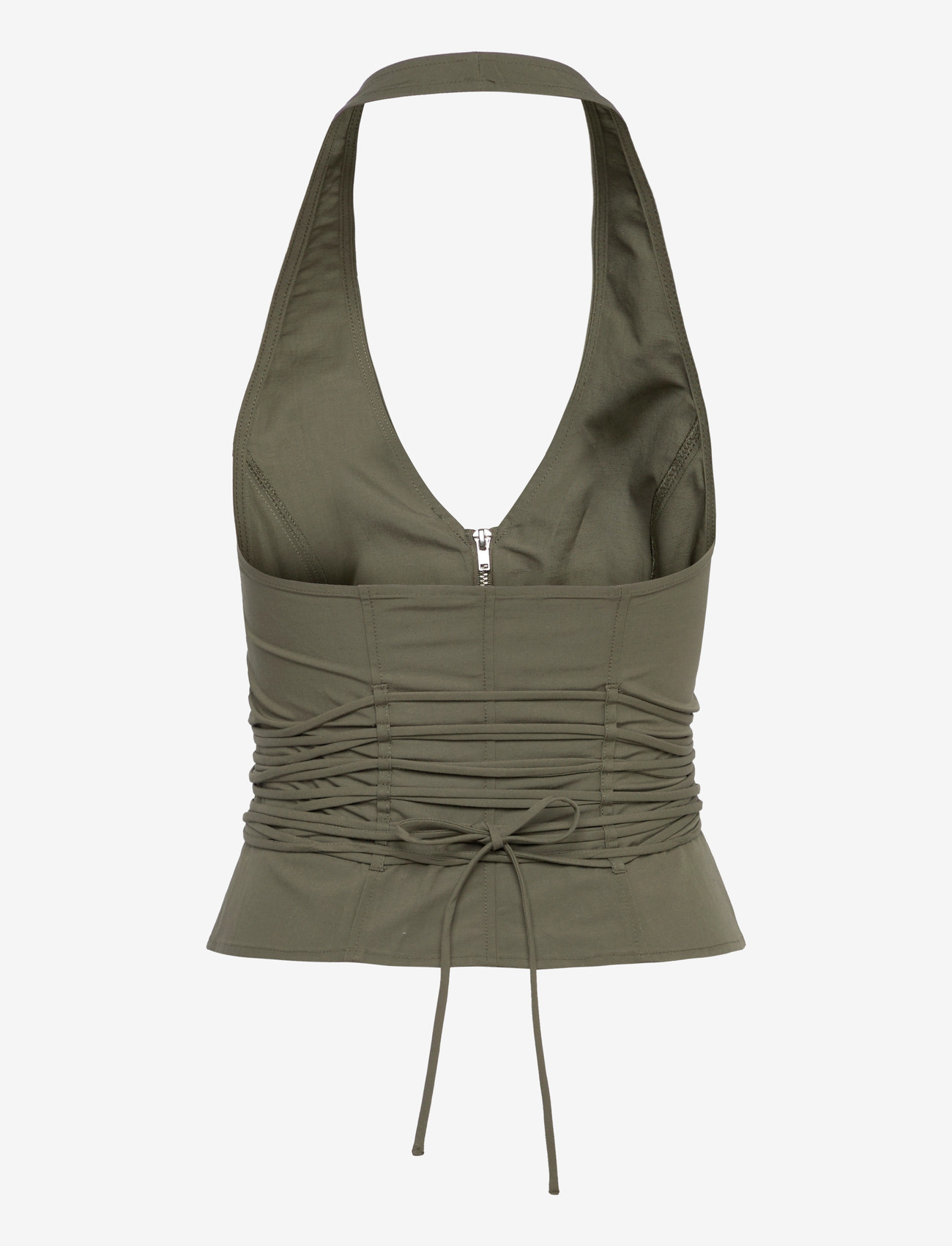 Weekday - Tie Waist V-neck Zip Halter Top - tanktops - khaki green - 1