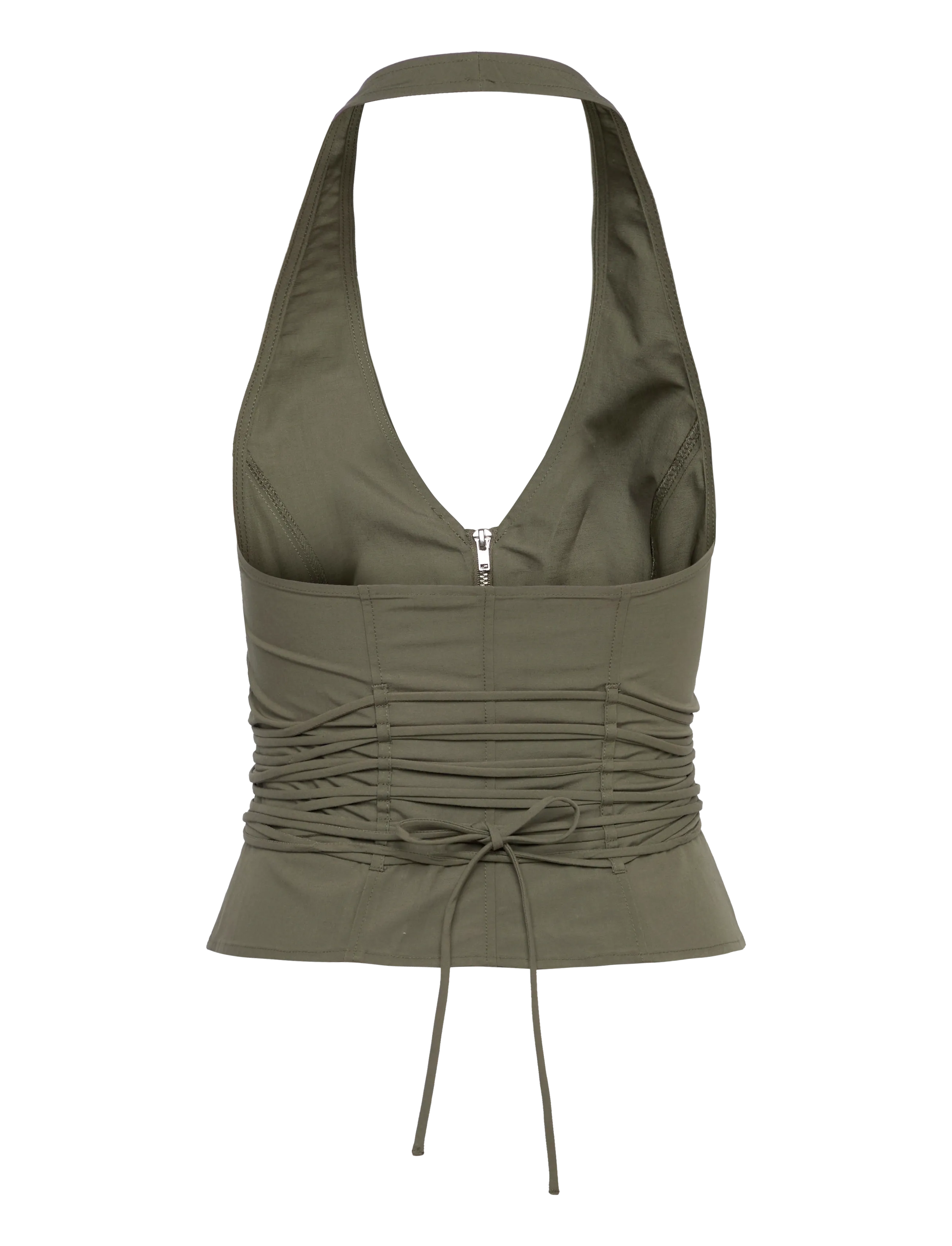 Weekday - Tie Waist V-neck Zip Halter Top - tanktops - khaki green - 1