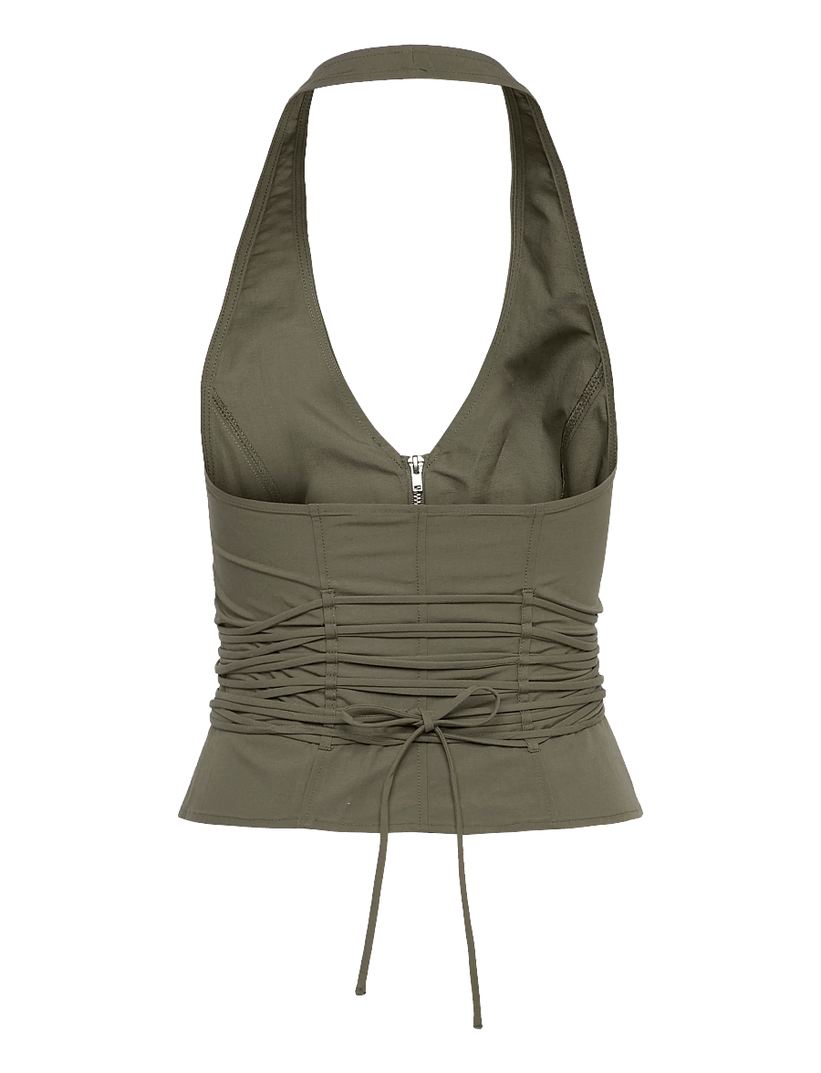 Weekday - Tie Waist V-neck Zip Halter Top - Ärmellose tops - khaki green - 1