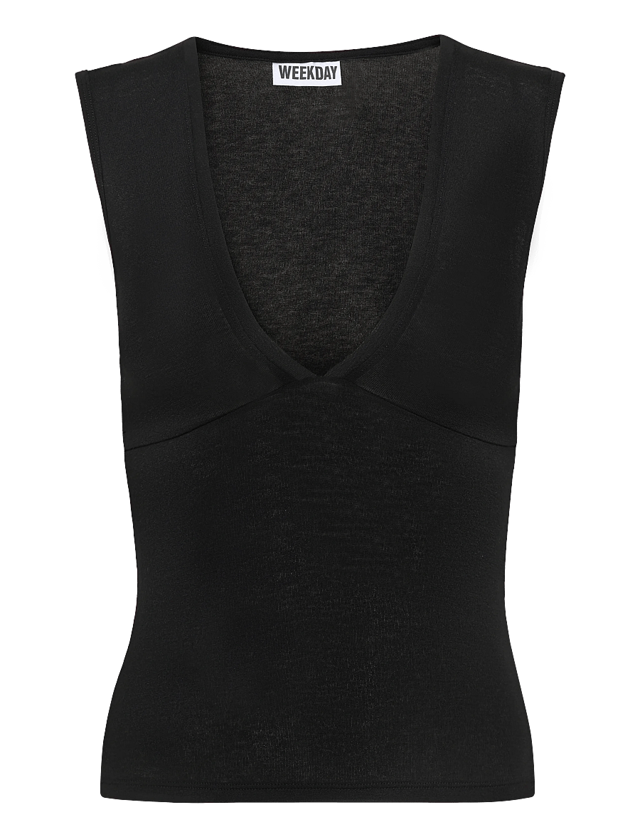 Weekday - Fitted V-Neck Sleeveless Top - linnen - black - 0