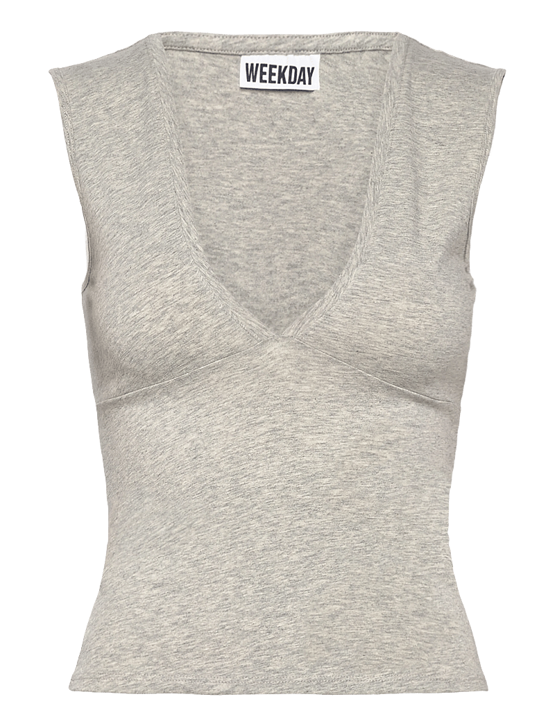 Weekday - V Neck Shortsleeve Top - linnen - grey melange dusty l - 0