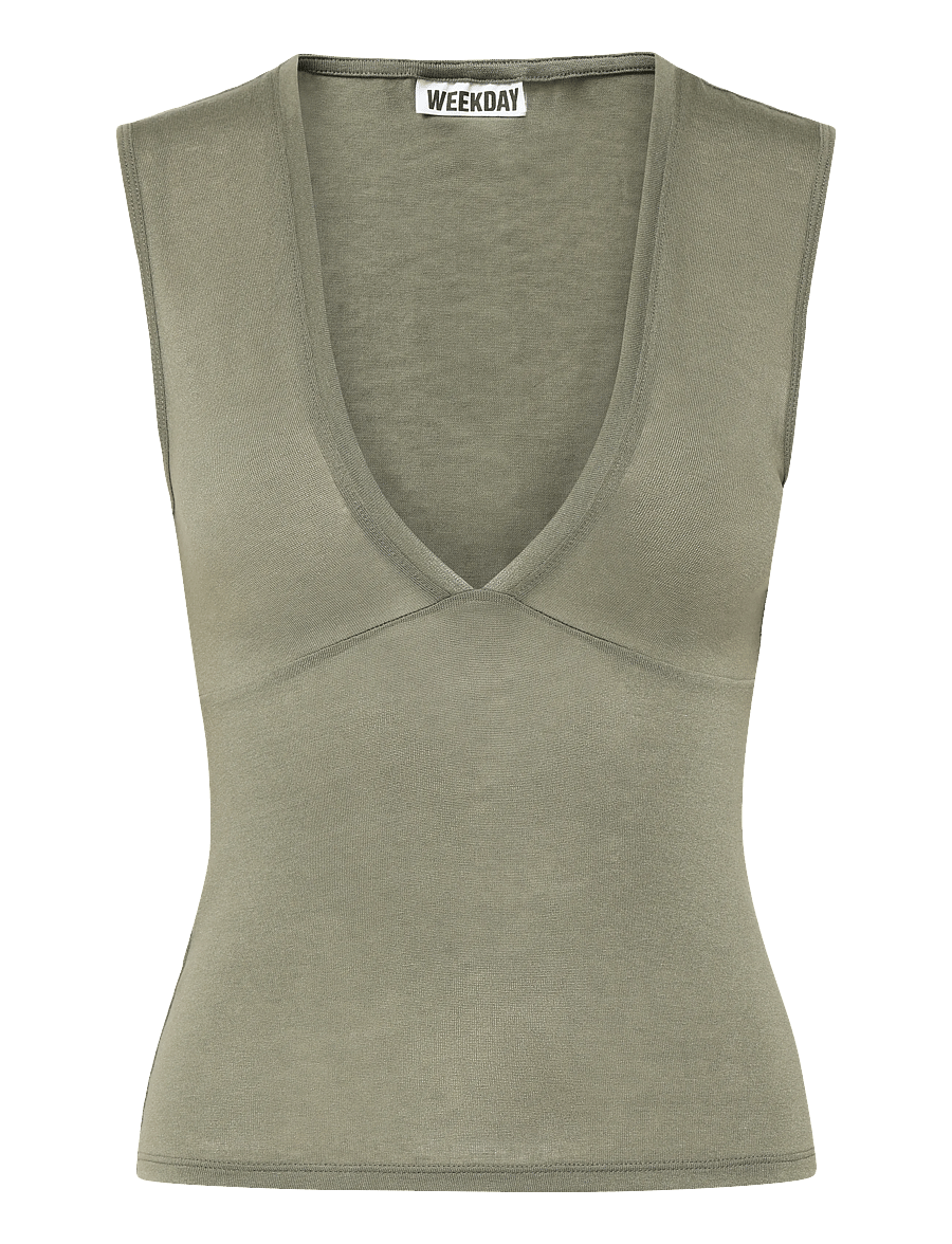 Weekday - Fitted V-Neck Sleeveless Top - tanktops - khaki green - 0