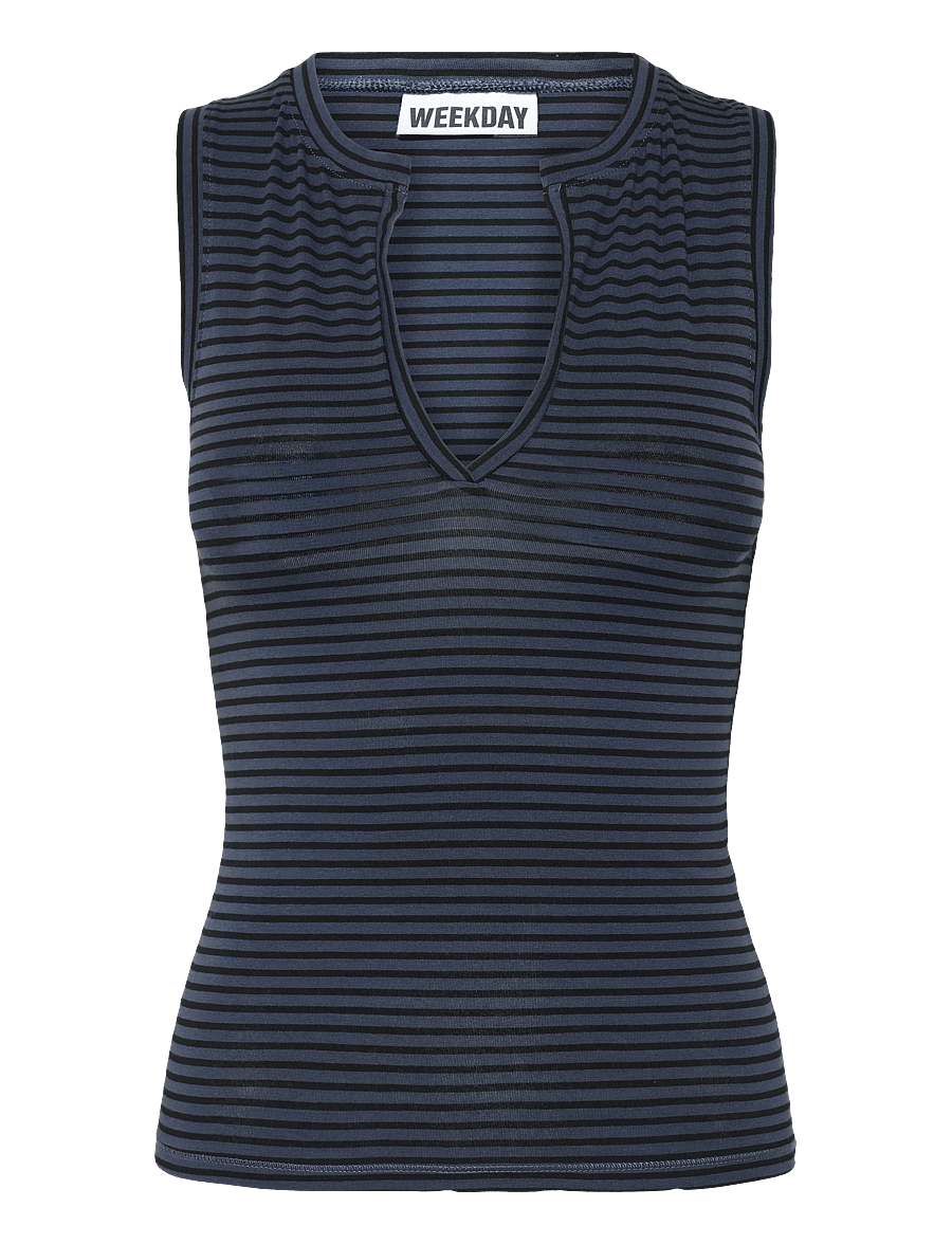 Weekday - Slim V-neck Sleeveless Top - linnen - blue stripe - 0