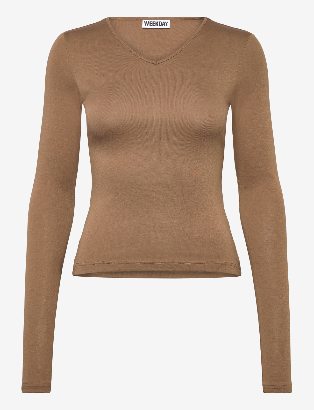 Weekday - V Neck Long Sleeve Top - langærmede toppe - dark beige - 0