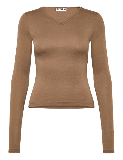 Weekday V Neck Long Sleeve Top - Long-sleeved tops - DARK BEIGE / brown