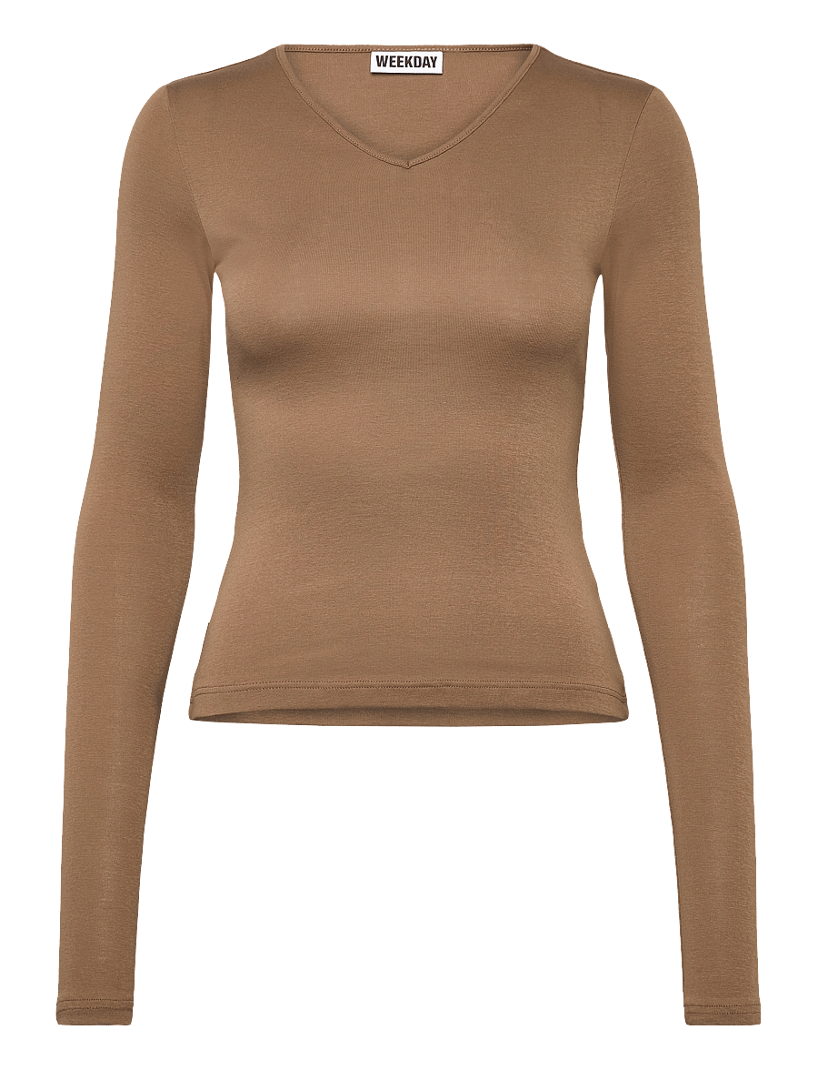 Weekday - V Neck Long Sleeve Top - pikkade varrukatega topid - dark beige - 0
