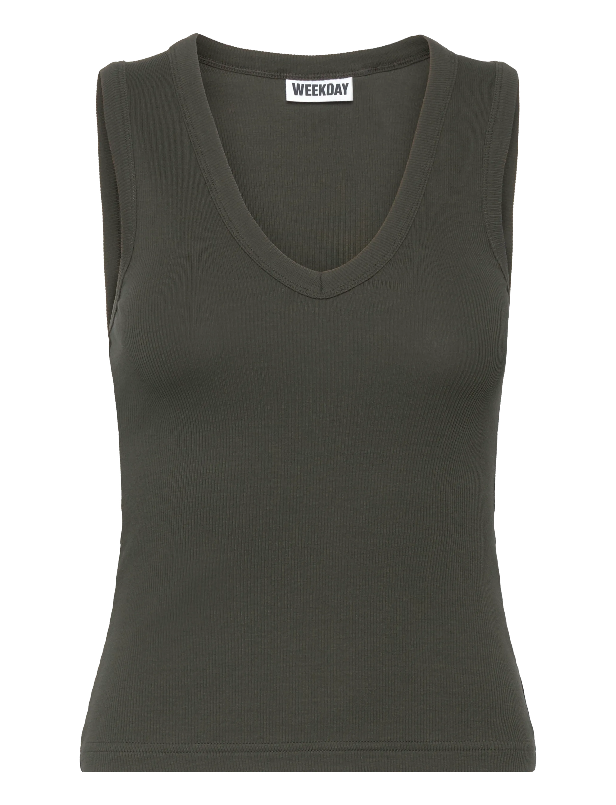 Weekday Ribbed V-neck Tank Top - Drabužiai - KHAKI GREEN / khaki/green