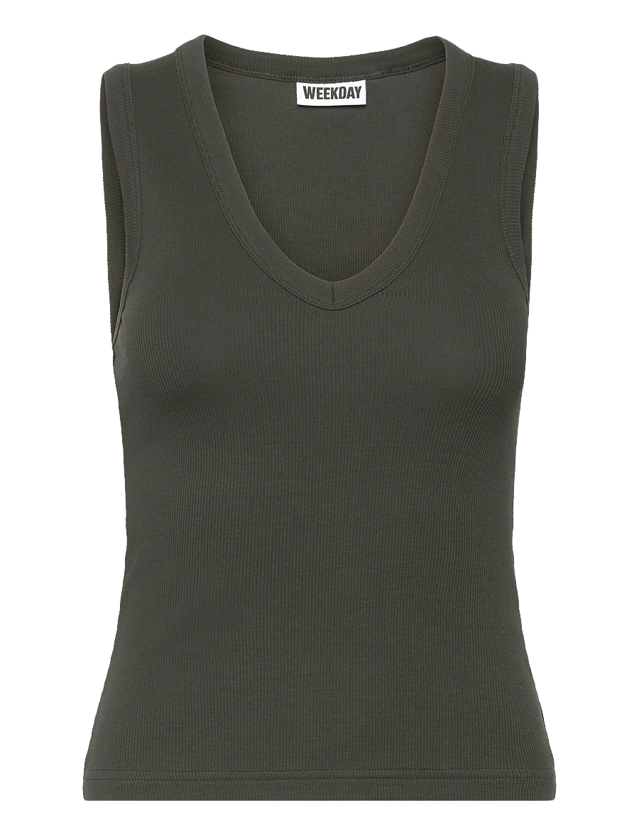 Weekday - Ribbed V-neck Tank Top - tanktops - khaki green - 0