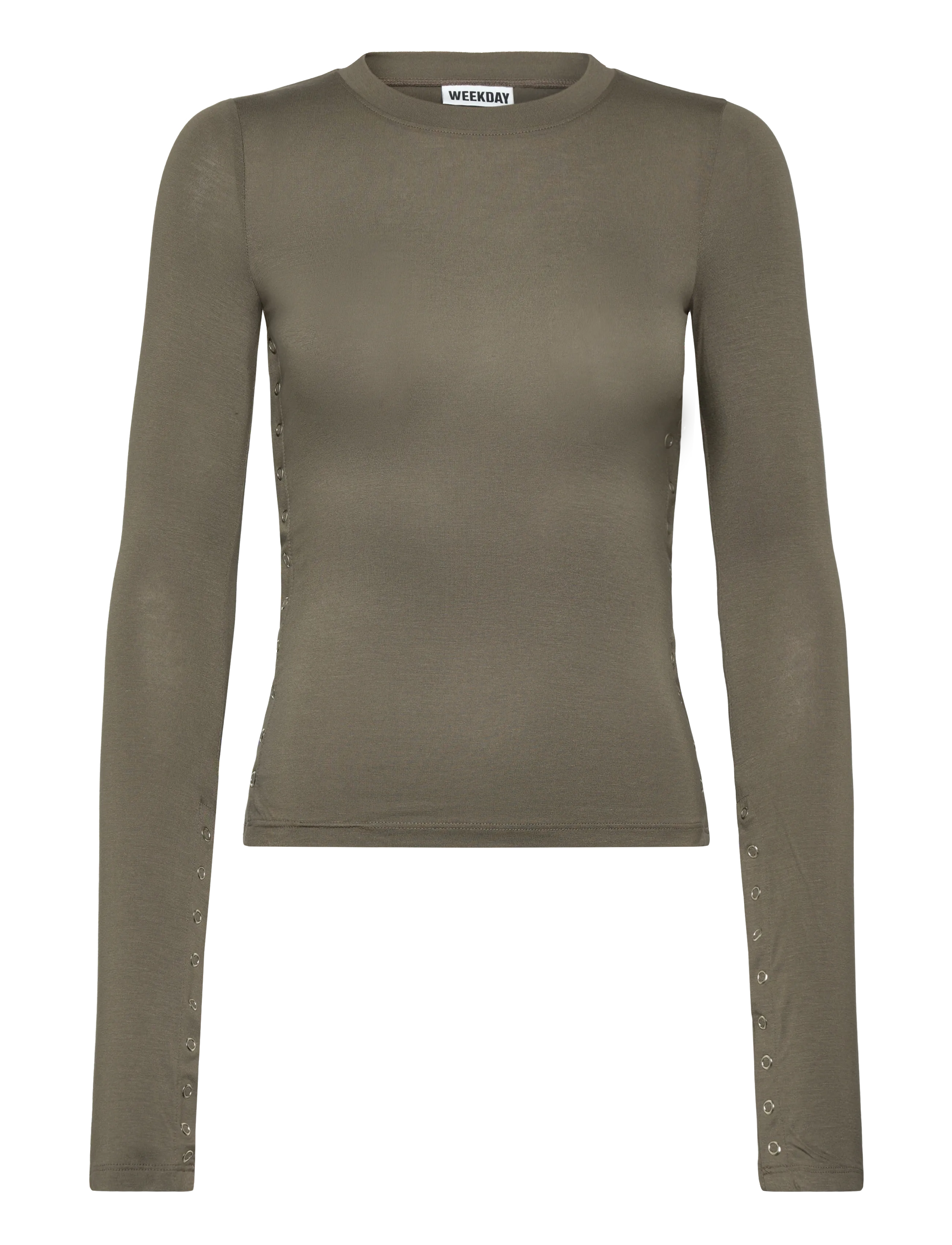 Weekday Press Studs Long Sleeve, XL, T-shirts & Oberteile, Khakigrün - Long-sleeved, Frauen
