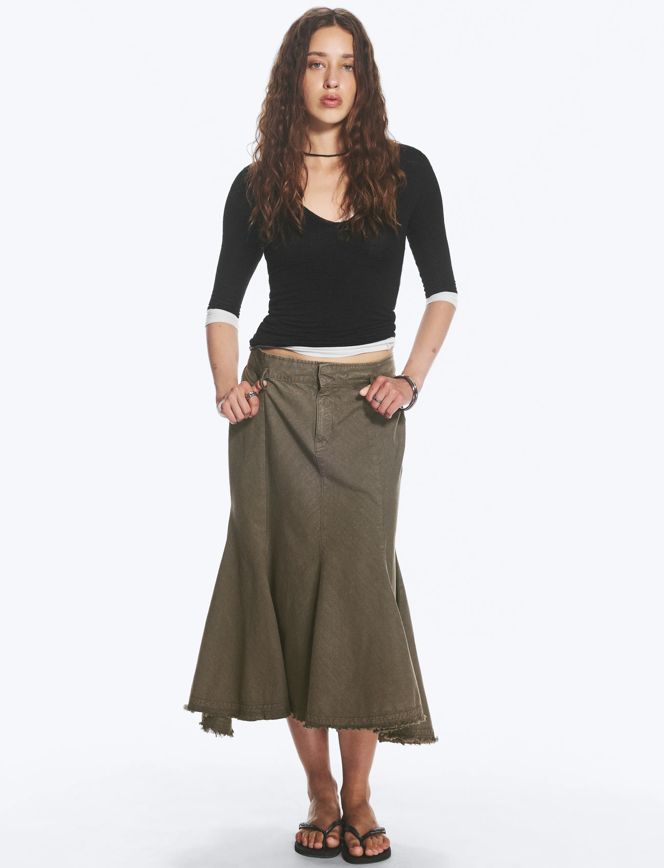 Weekday - Frayed cotton midi skirt - midi-röcke - dark grey - 4