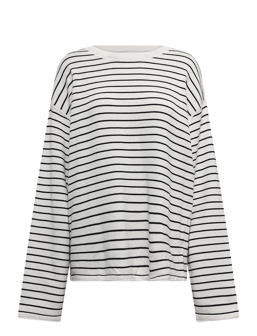Weekday - Knitted Cotton Jumper - round necks - off white + black stripe - 0