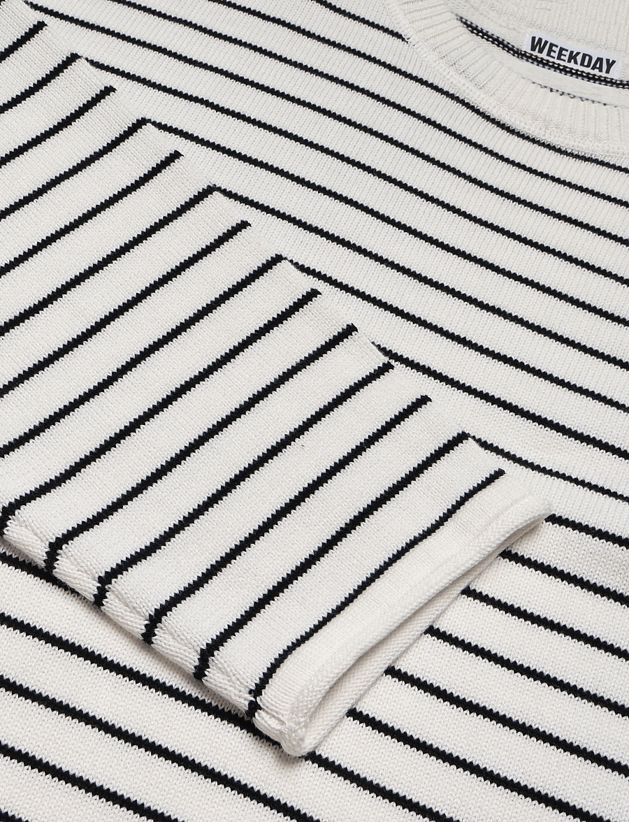 Weekday - Knitted Cotton Jumper - round necks - off white + black stripe - 2