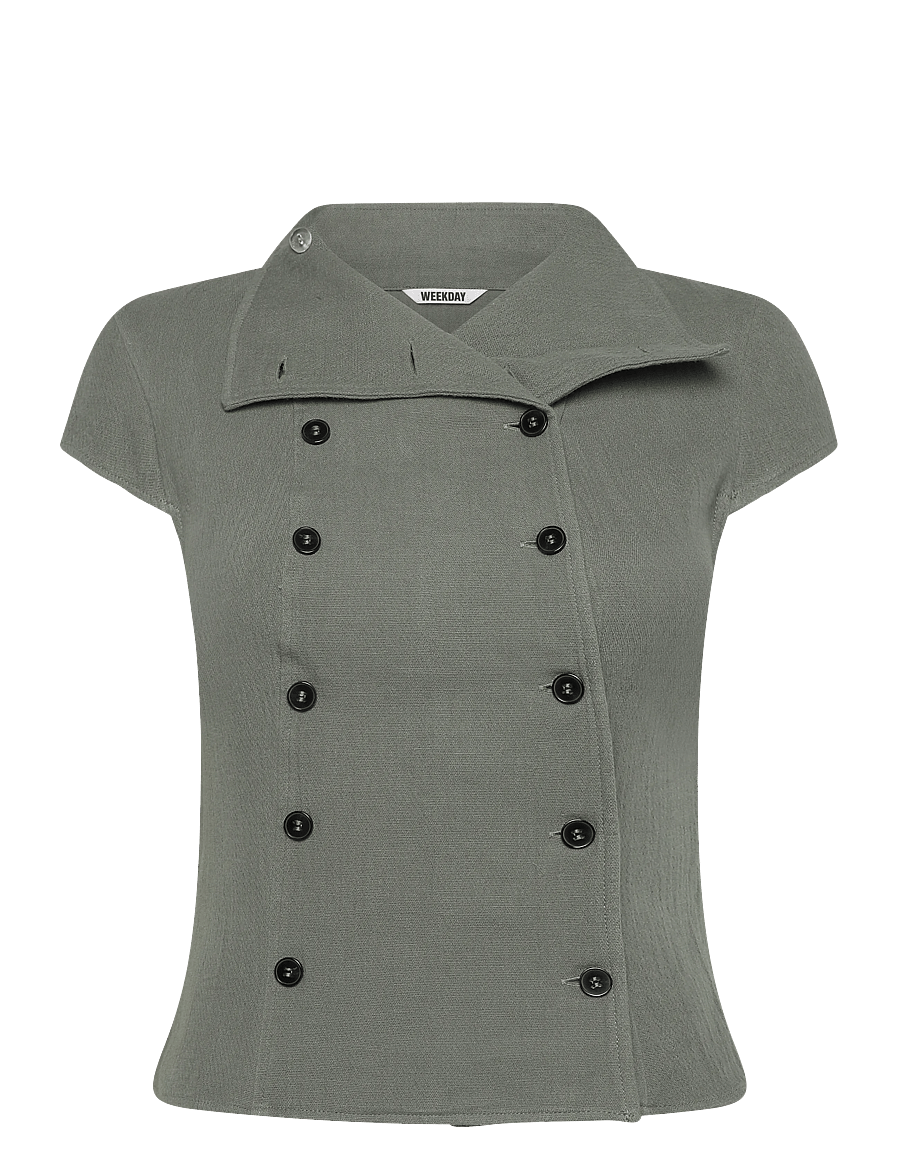 Weekday - Double Breasted Cotton Top - kortärmade skjortor - khaki green - 0