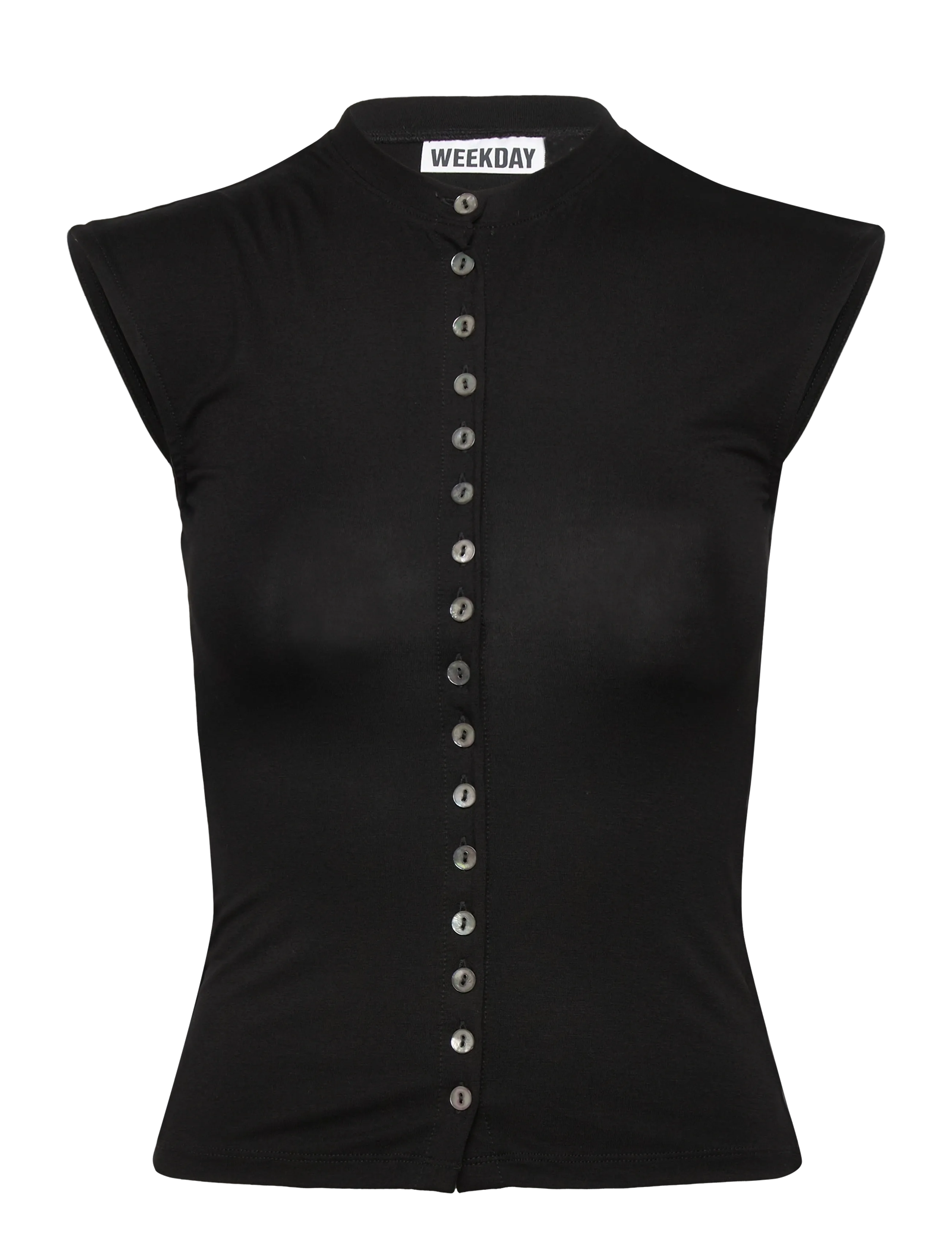 Weekday Pearl Button Up Top, S, T-shirts & Oberteile, Schwarz - Sleeveless, Frauen