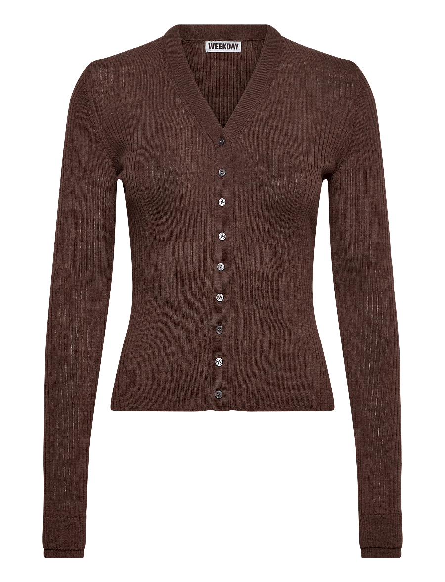 Weekday - V-neck merino cardigan - strickjacken - dark brown - 0