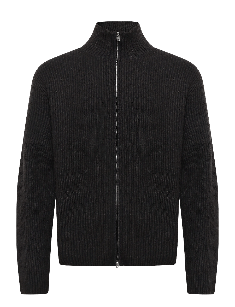 Weekday - Relaxed Wool-Blend Rib-Knit Zip Cardigan - pullover mit durchgehendem reißverschluss - dark brown + black - 0
