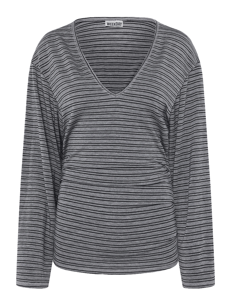 Weekday - Susie V-Neck Long Sleeve - långärmade toppar - grey melange/ black stripe - 0
