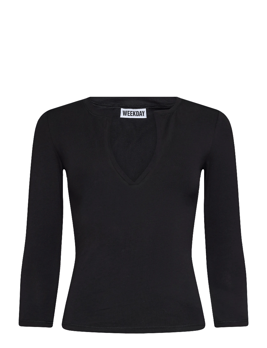 Weekday - Nessa V neck with 3/4 sleeve - langärmlige tops - black - 0