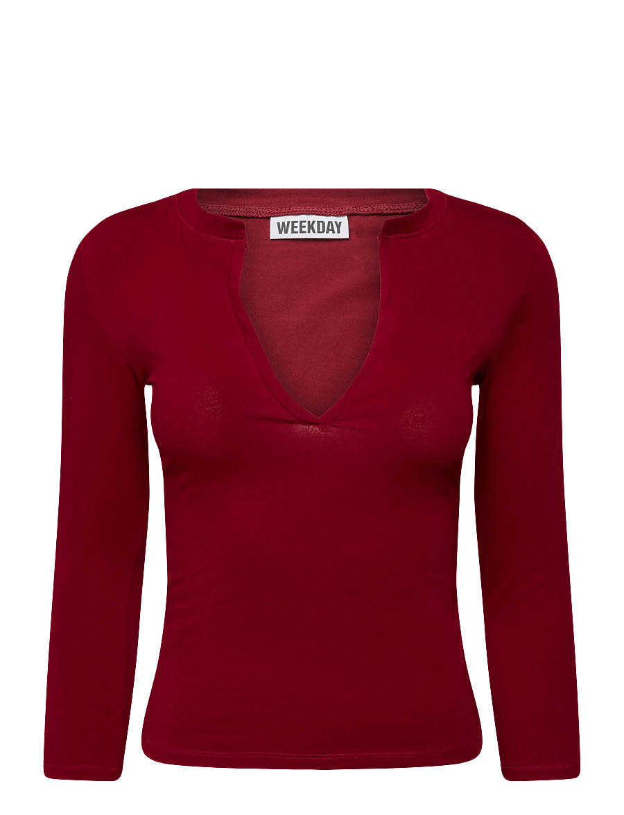 Weekday - Nessa V neck with 3/4 sleeve - långärmade toppar - dark red - 0