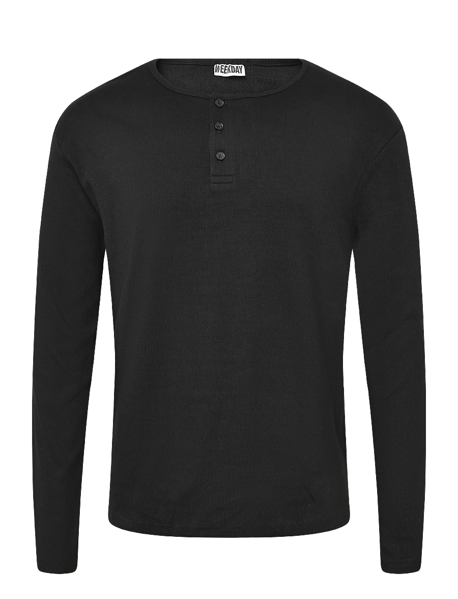 Weekday - Long-sleeved cotton henley - langærmede t-shirts - black - 0