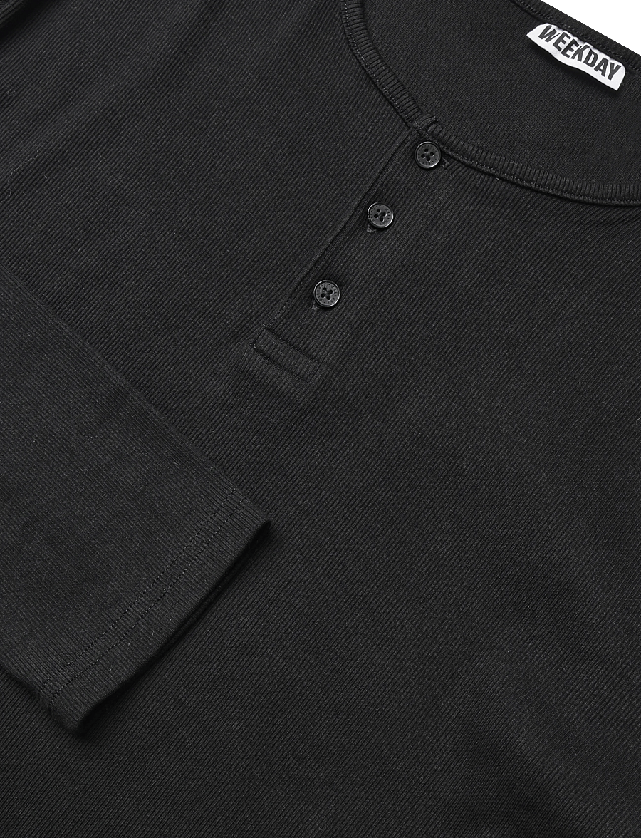 Weekday - Long-sleeved cotton henley - langærmede t-shirts - black - 2