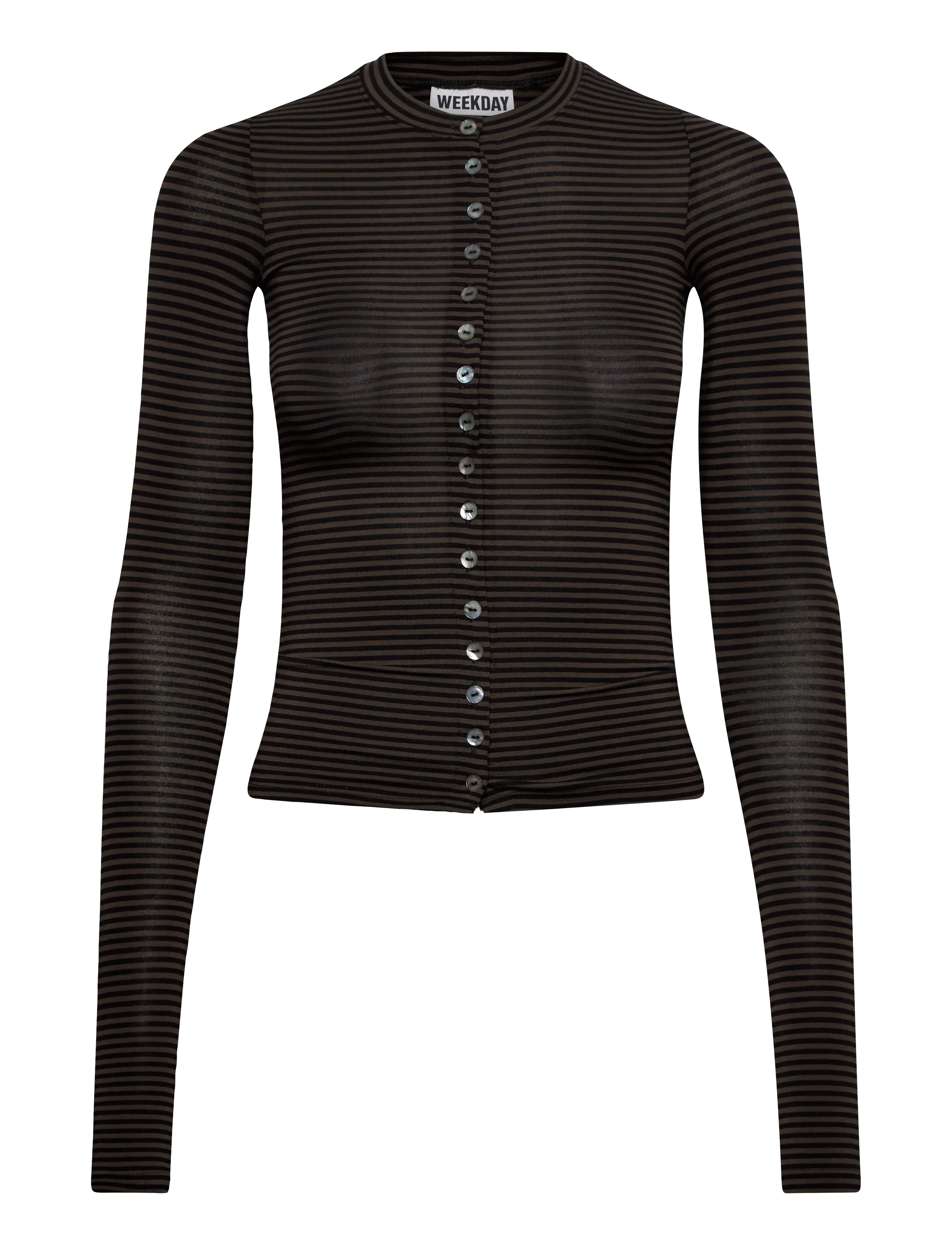 Weekday Mia Pearl Button Cardigan - Christmas gifts for Women - KHAKI GREEN/DARK GREY STRIPE / khaki/green