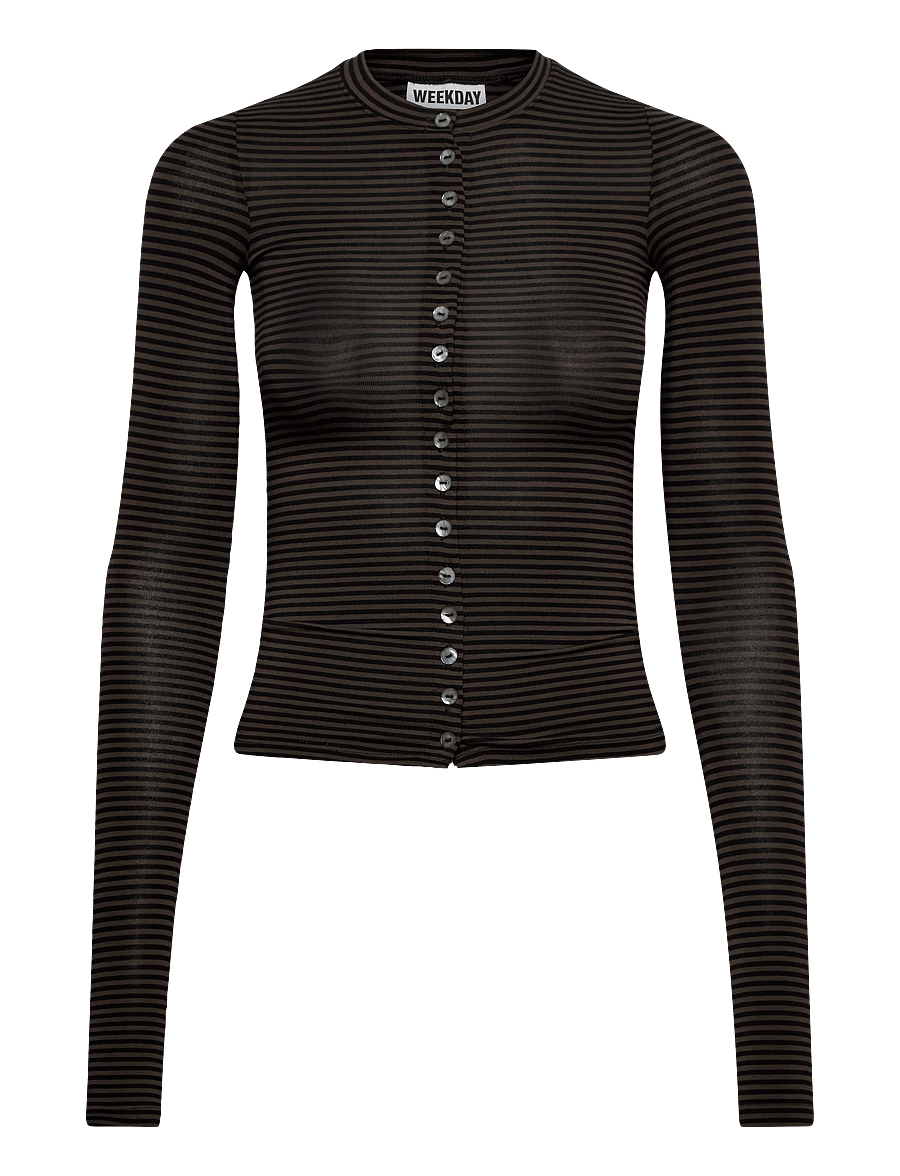 Weekday - Mia Pearl Button Cardigan - kardiganid - khaki green/dark grey stripe - 0